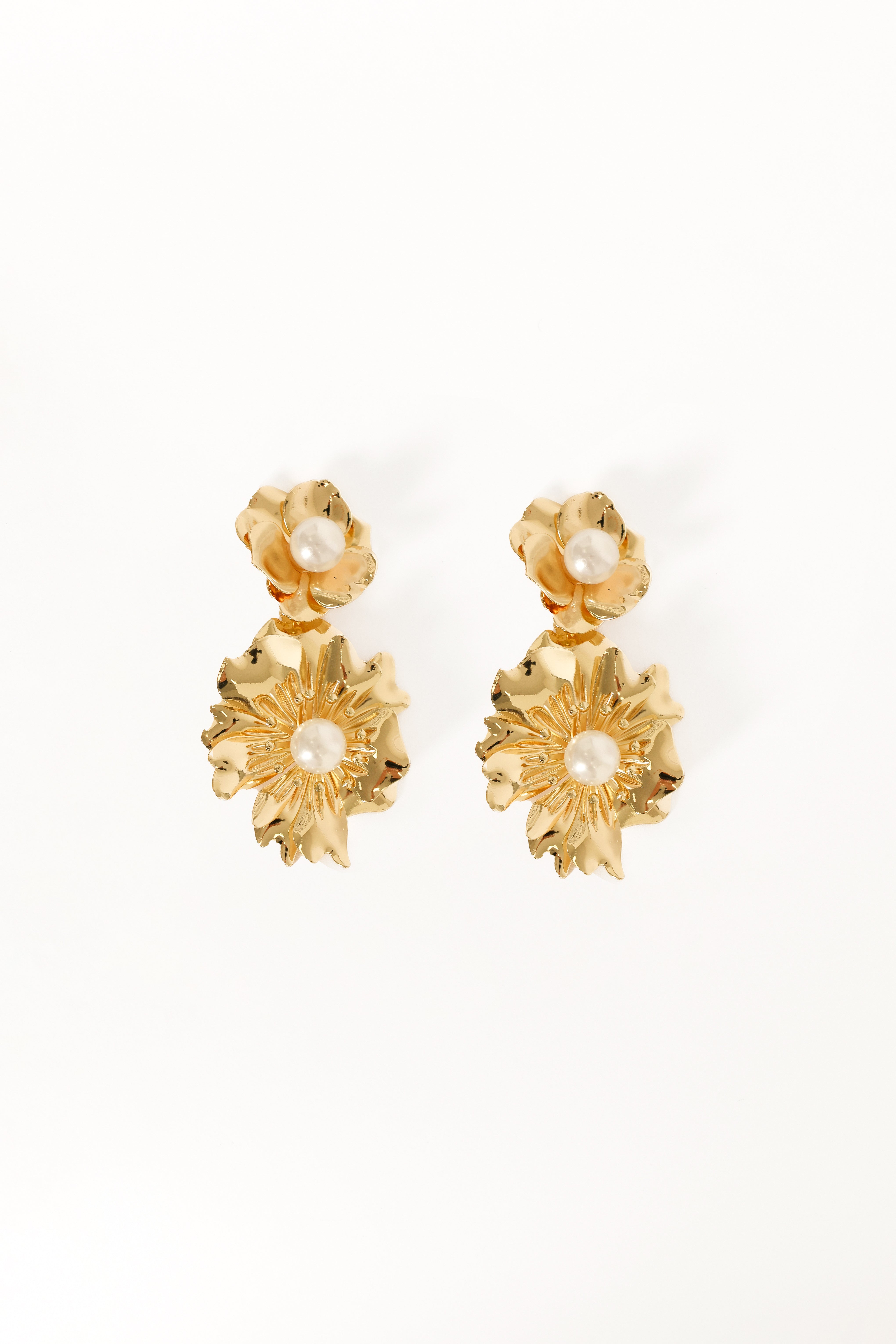 Lilou Gold Pearl Flower Drop Earrings - Faux Pearl Design
