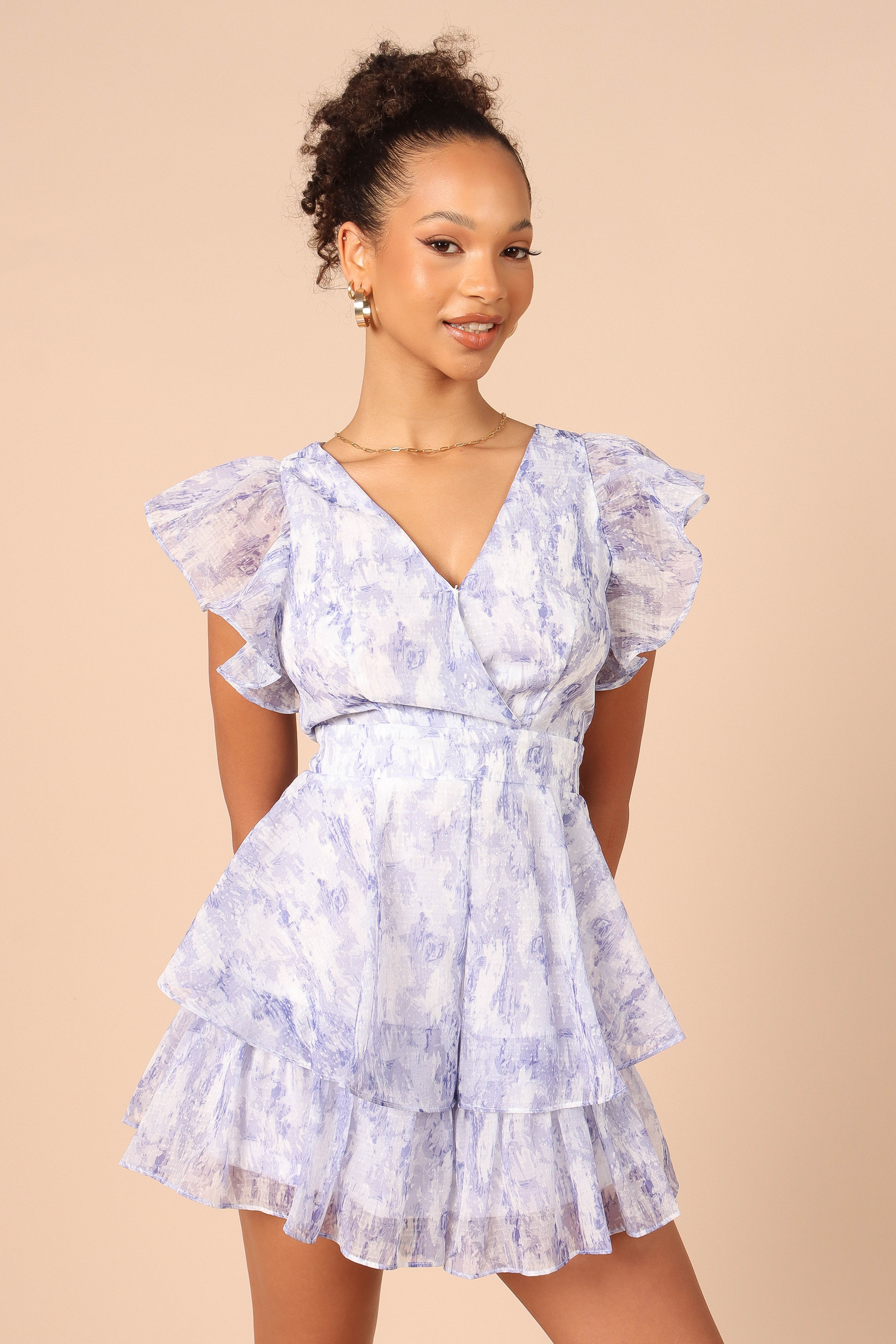 Rosalita Lilac Frill Sleeve Romper with Ruffle Bottoms