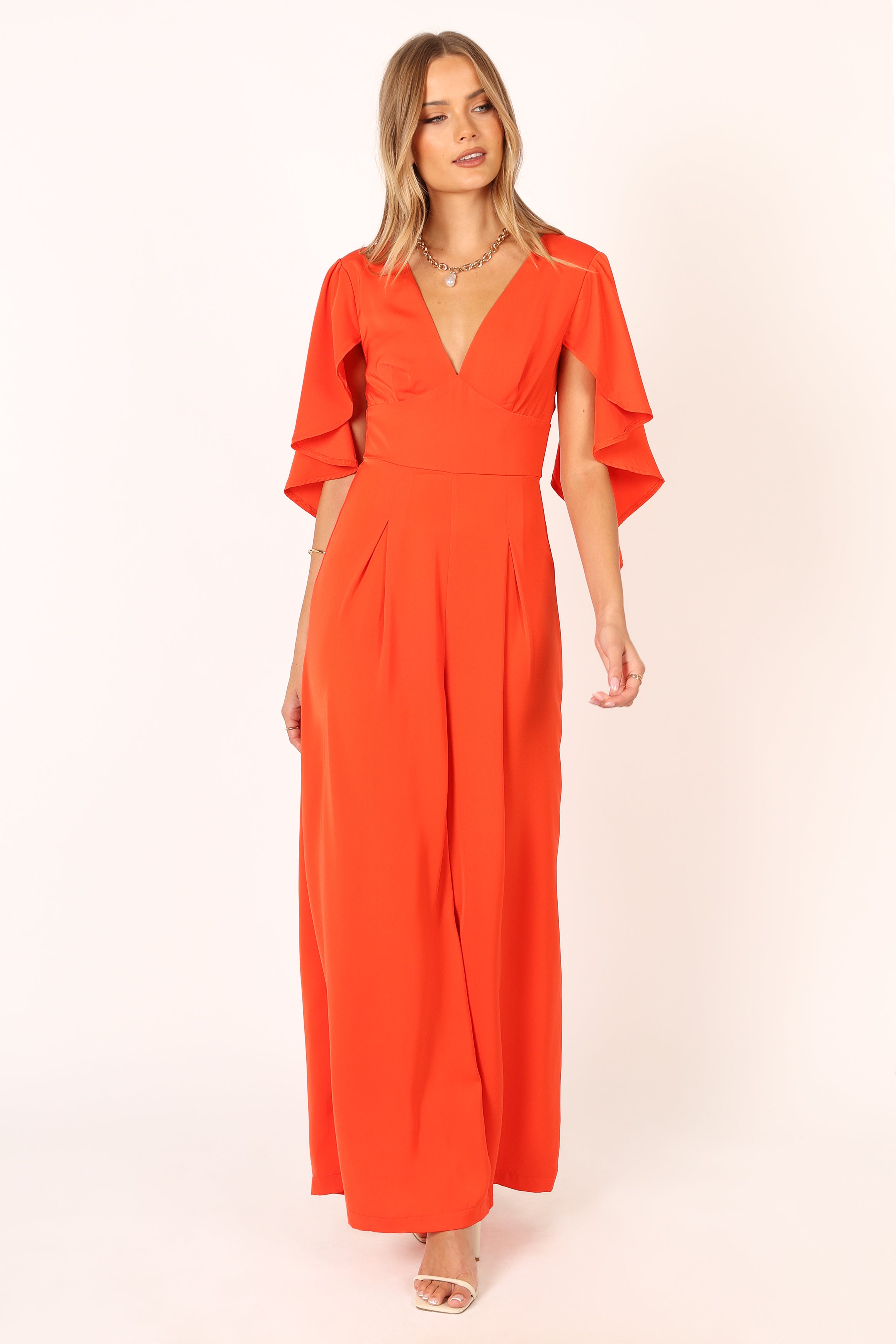 Red Carla Jumpsuit - V-Neck Cape Sleeve Wide Leg Party Outfit