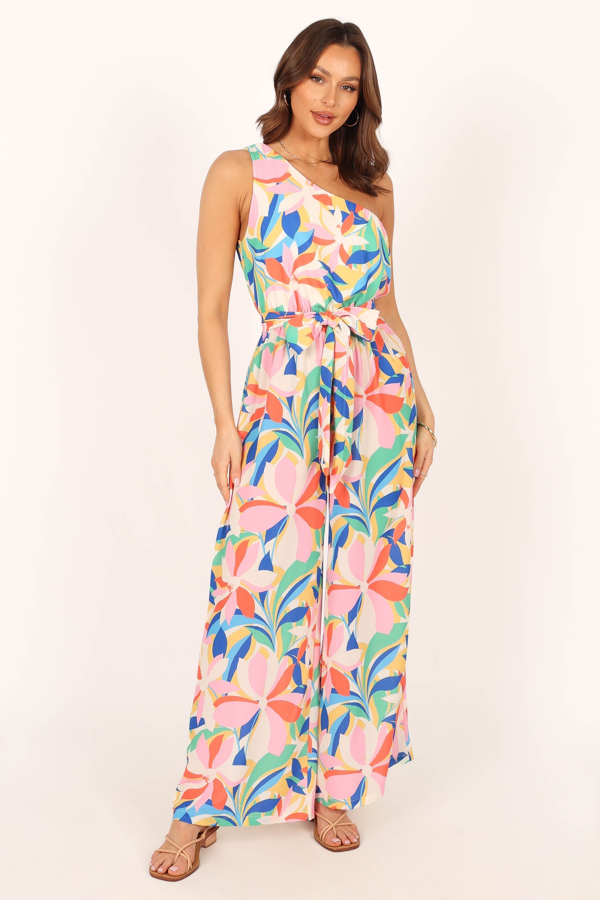 Belinda Floral One Shoulder Jumpsuit with Detachable Waist Tie