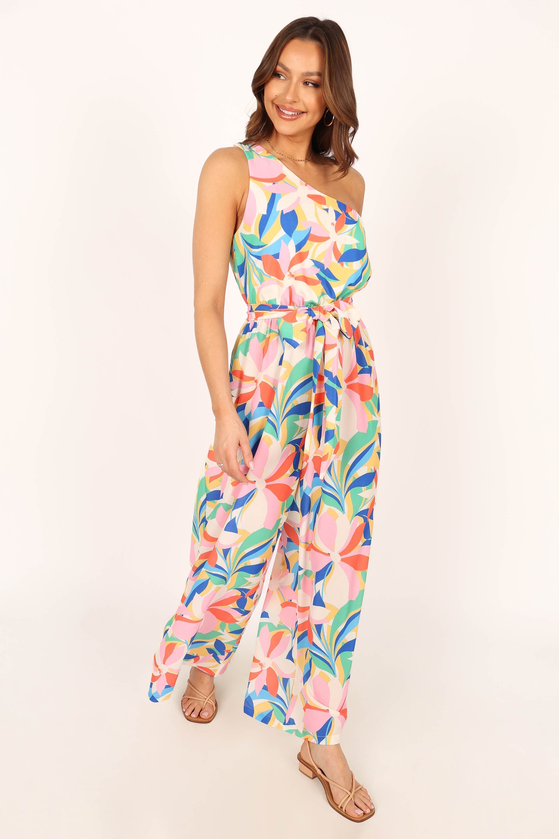 Belinda Floral One Shoulder Jumpsuit with Detachable Waist Tie
