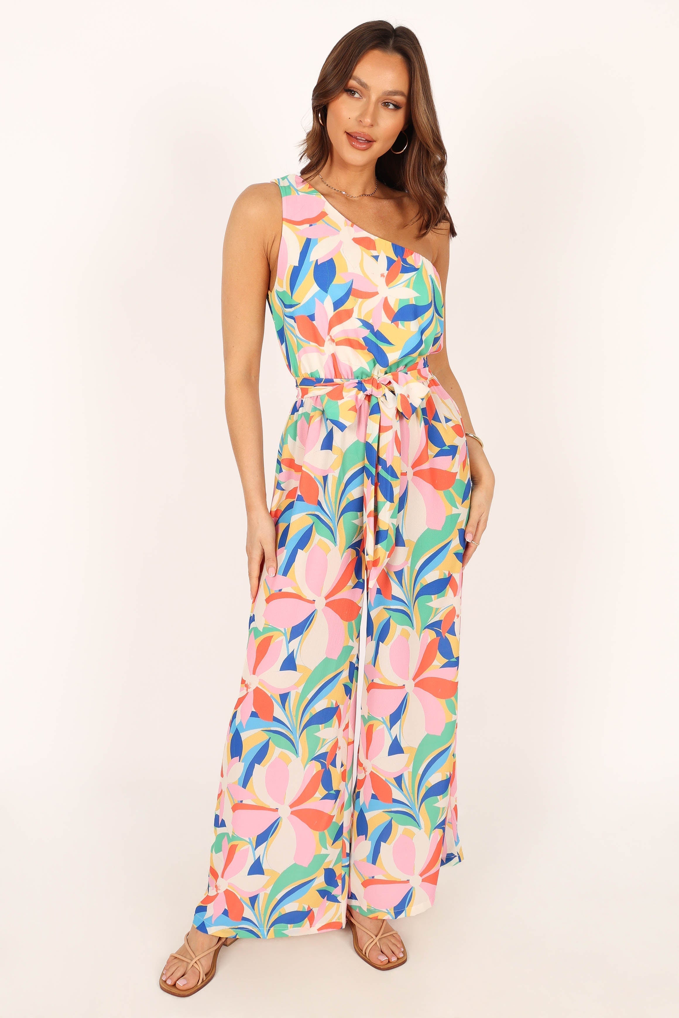 Belinda Floral One Shoulder Jumpsuit with Detachable Waist Tie