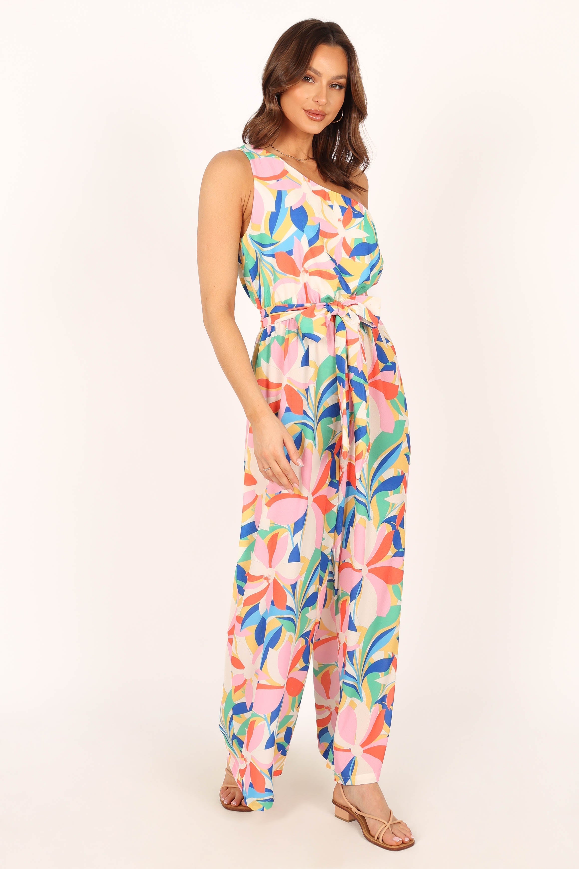 Belinda Floral One Shoulder Jumpsuit with Detachable Waist Tie