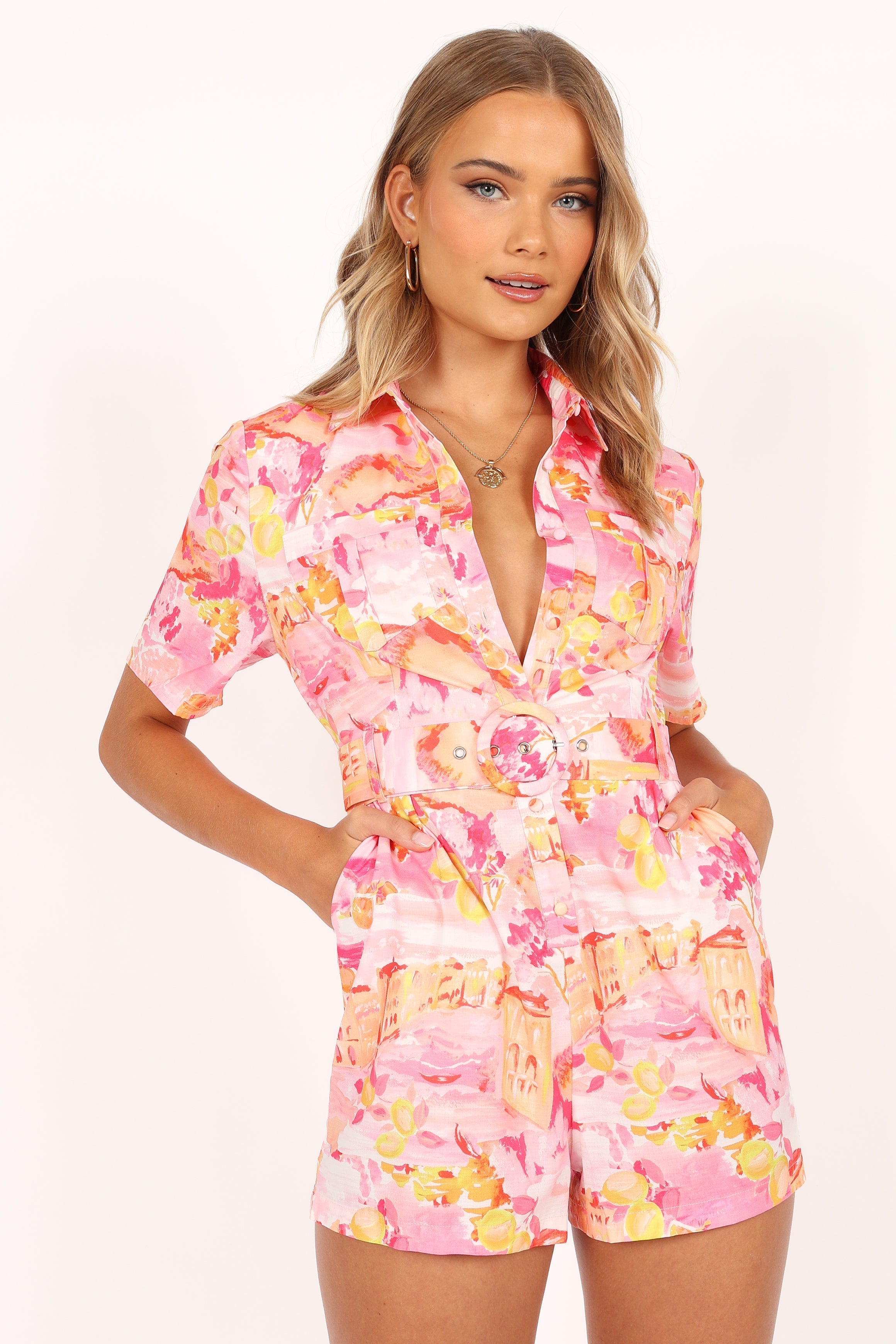 Arianna Women's Pink Watercolor Print Romper with Detachable Belt