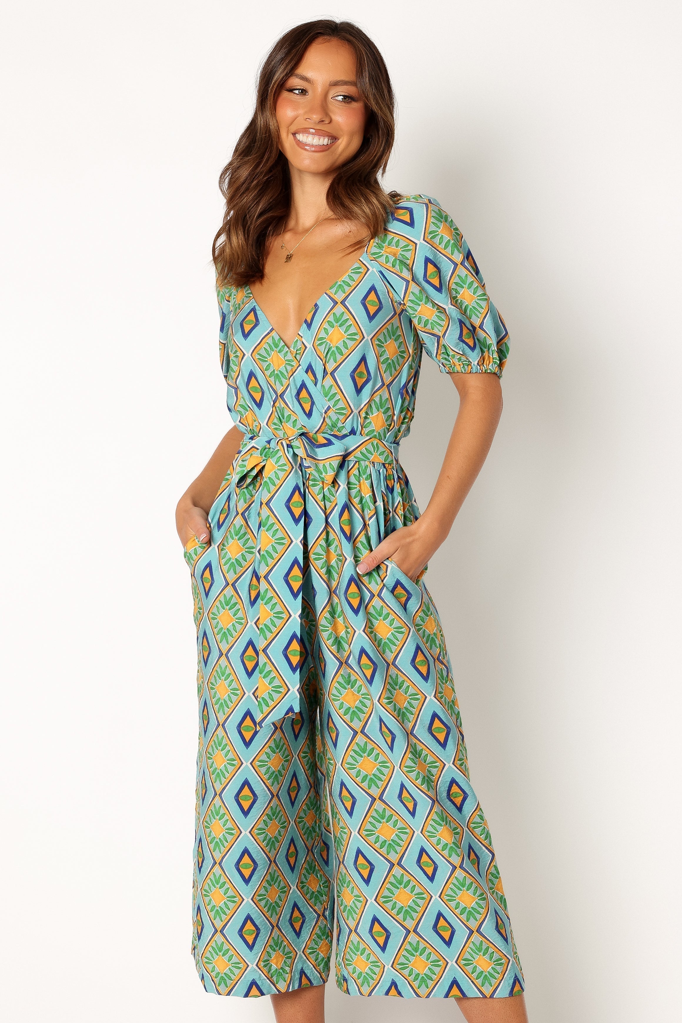 Blue Wide Leg Jumpsuit for Women - Vacation Outfit with V-Neck & Pockets