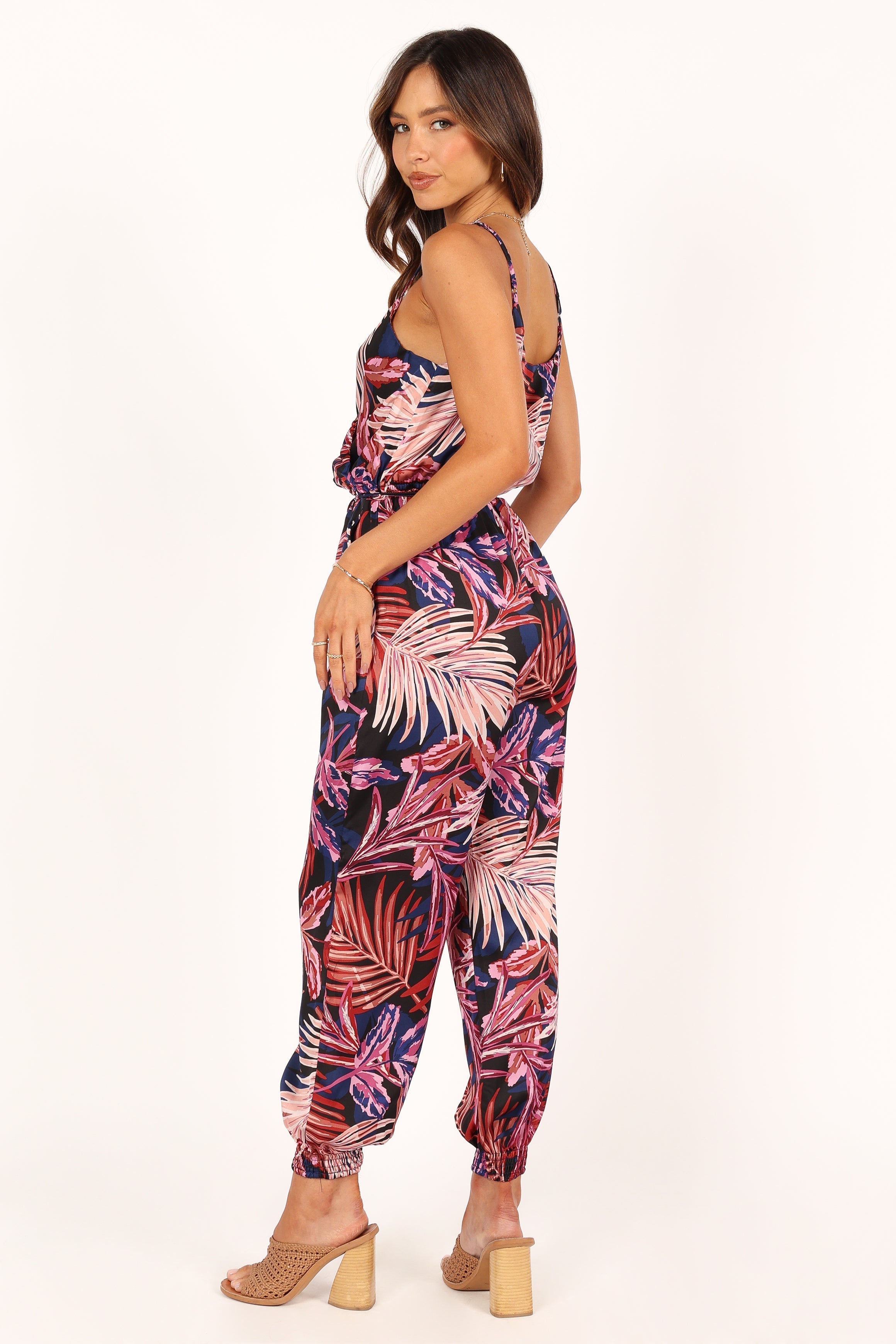Women's Palm Print V-Neck Jumpsuit with Adjustable Straps
