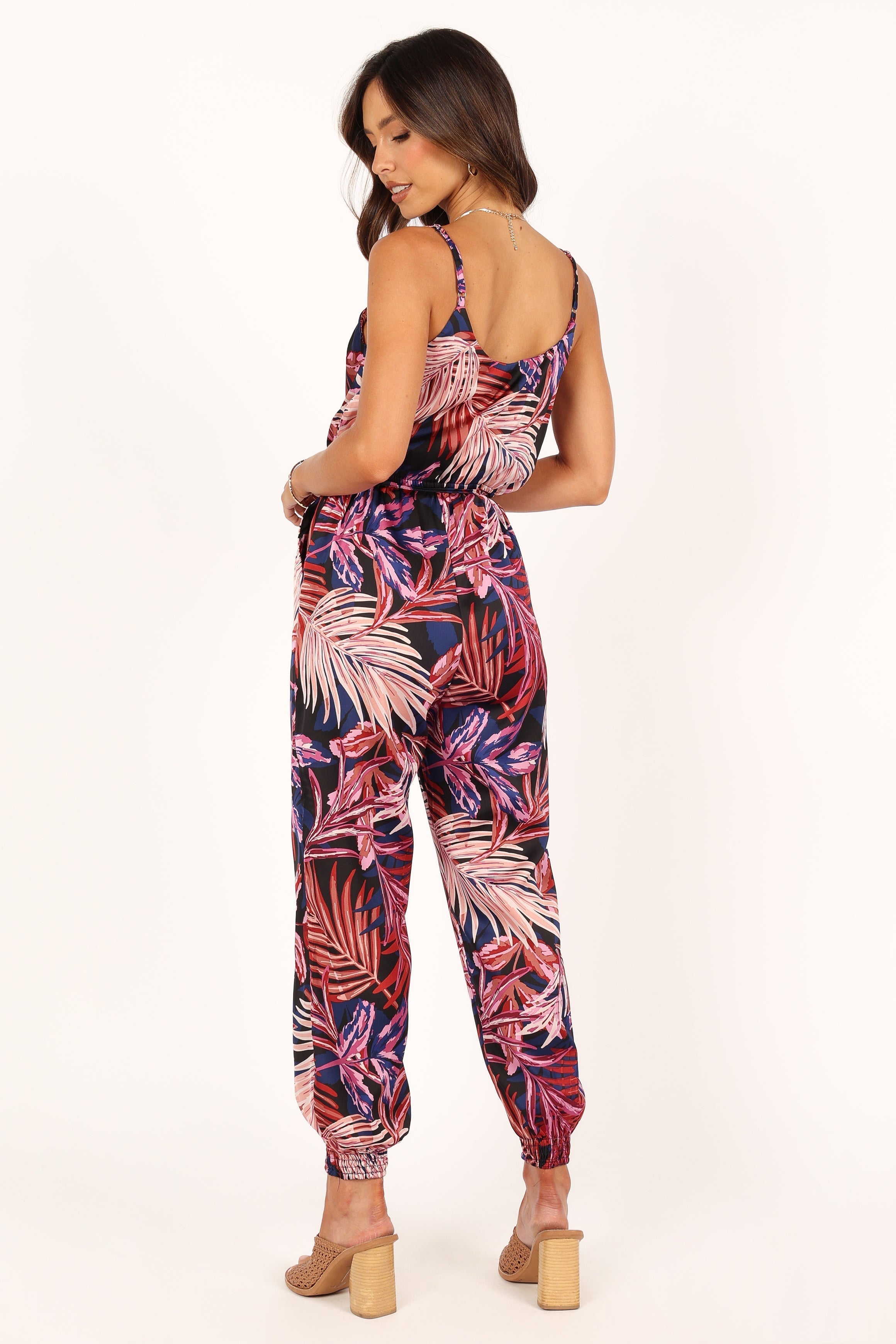 Women's Palm Print V-Neck Jumpsuit with Adjustable Straps