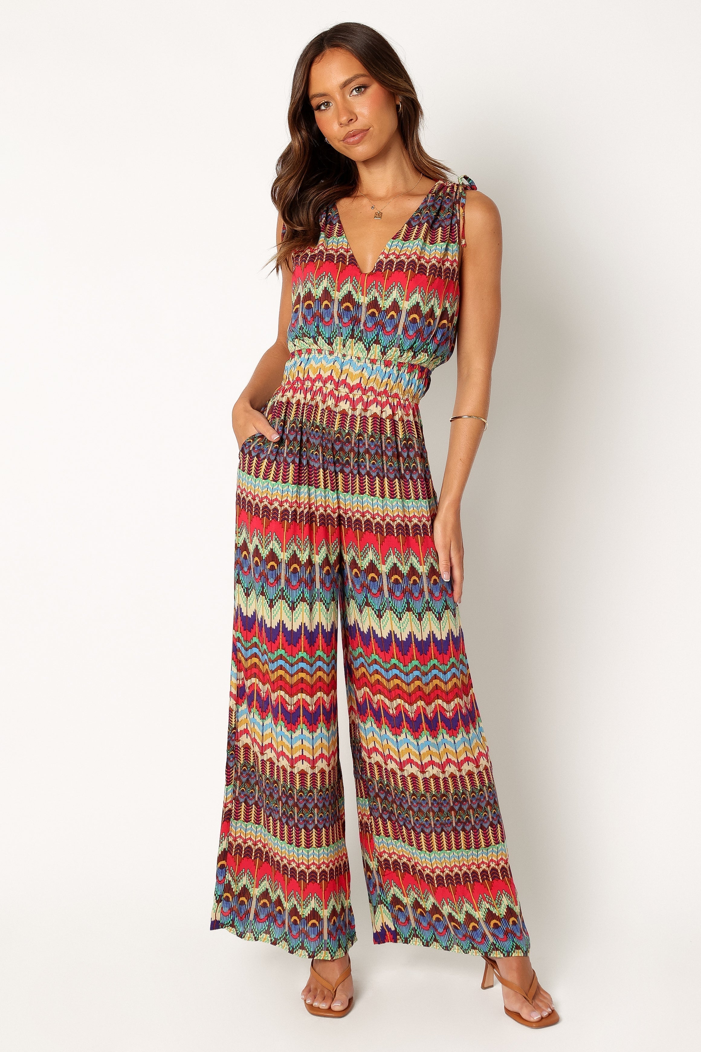 Women's Wide Leg Jumpsuit with V-Neck & Open Back - 100% Rayon