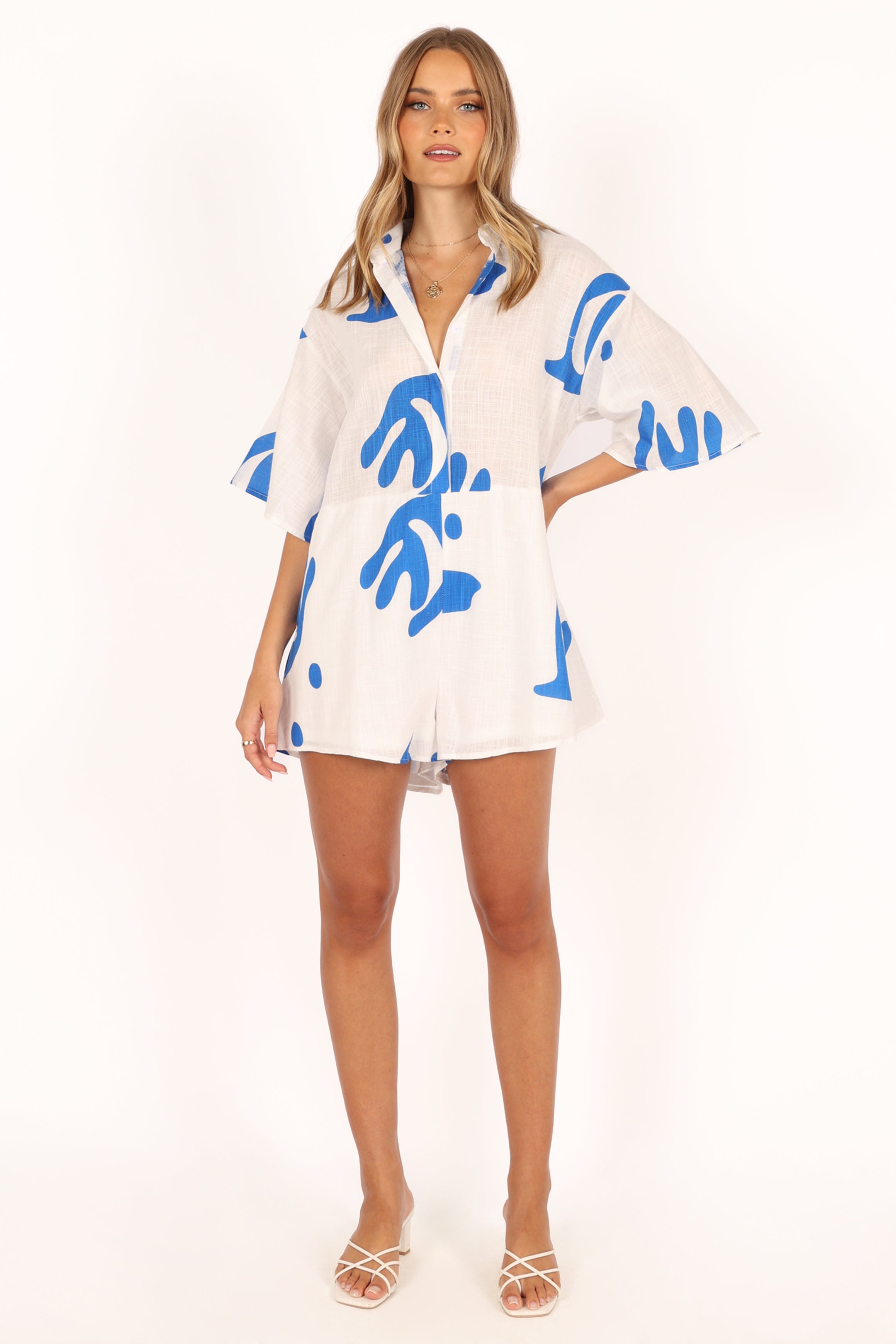 Women's White & Blue Abstract Print Cotton Romper - V-Neck Summer Jumpsuit