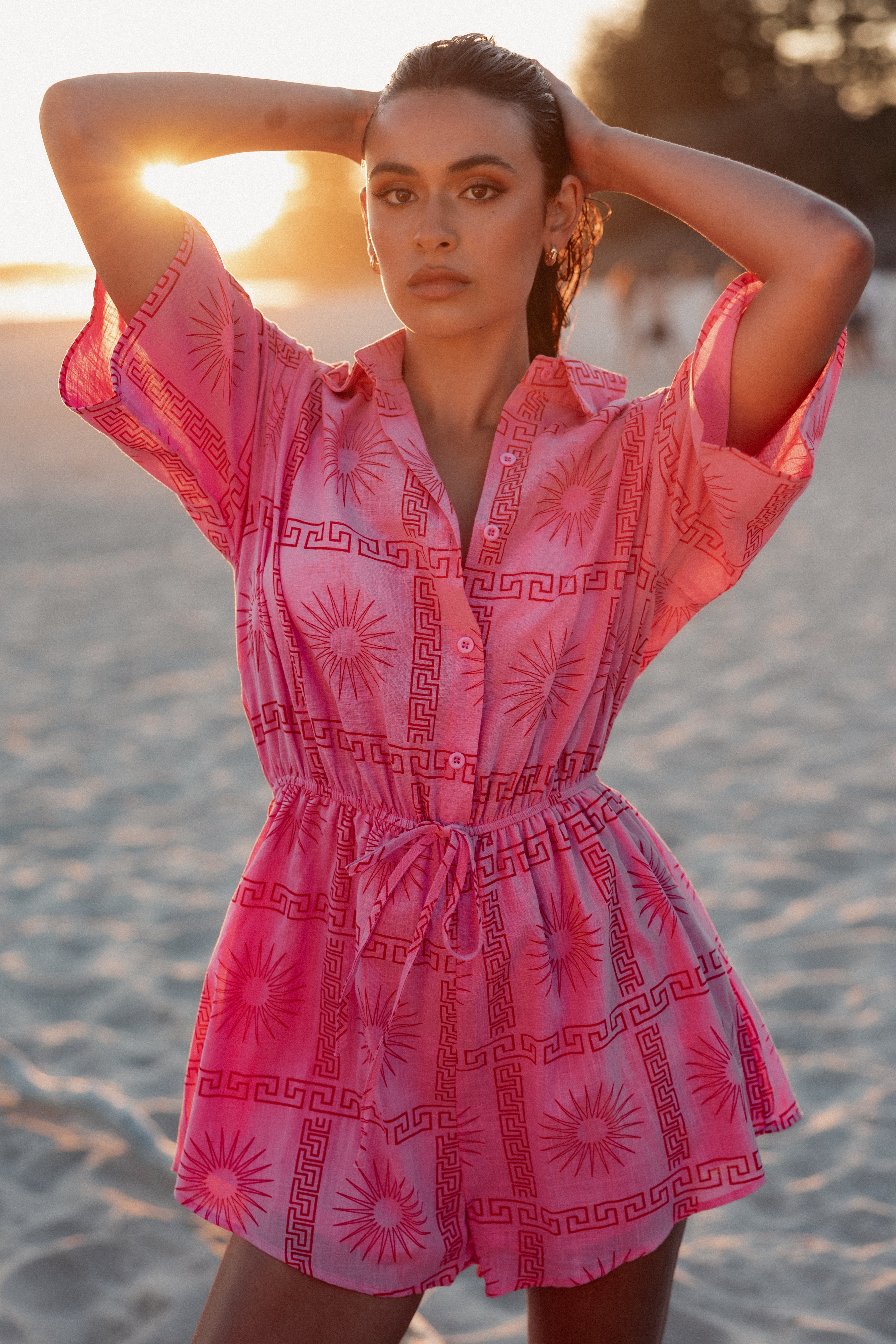 Women's Pink Printed Cotton Romper - Ilios Casual Short Sleeve Jumpsuit