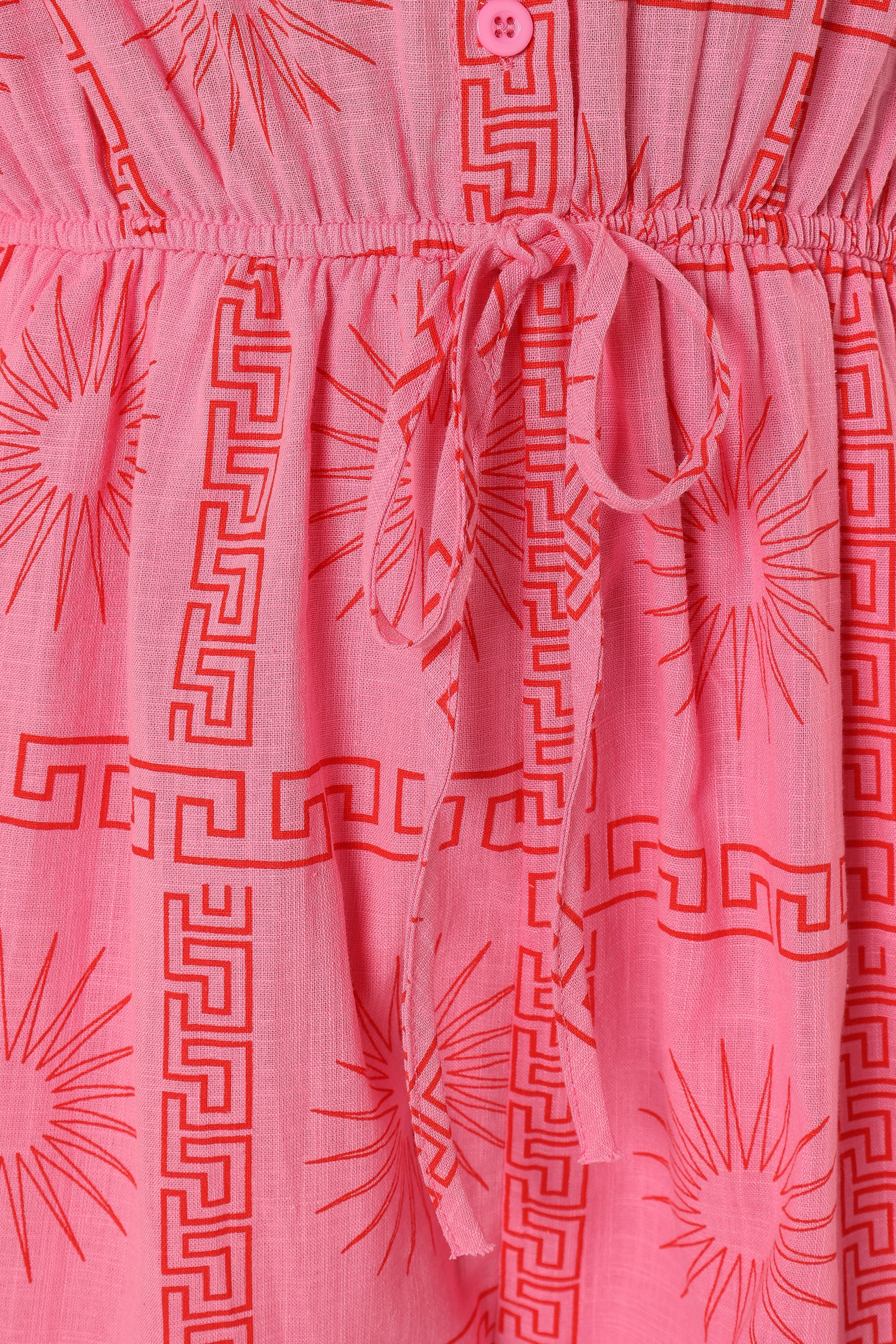 Women's Pink Printed Cotton Romper - Ilios Casual Short Sleeve Jumpsuit