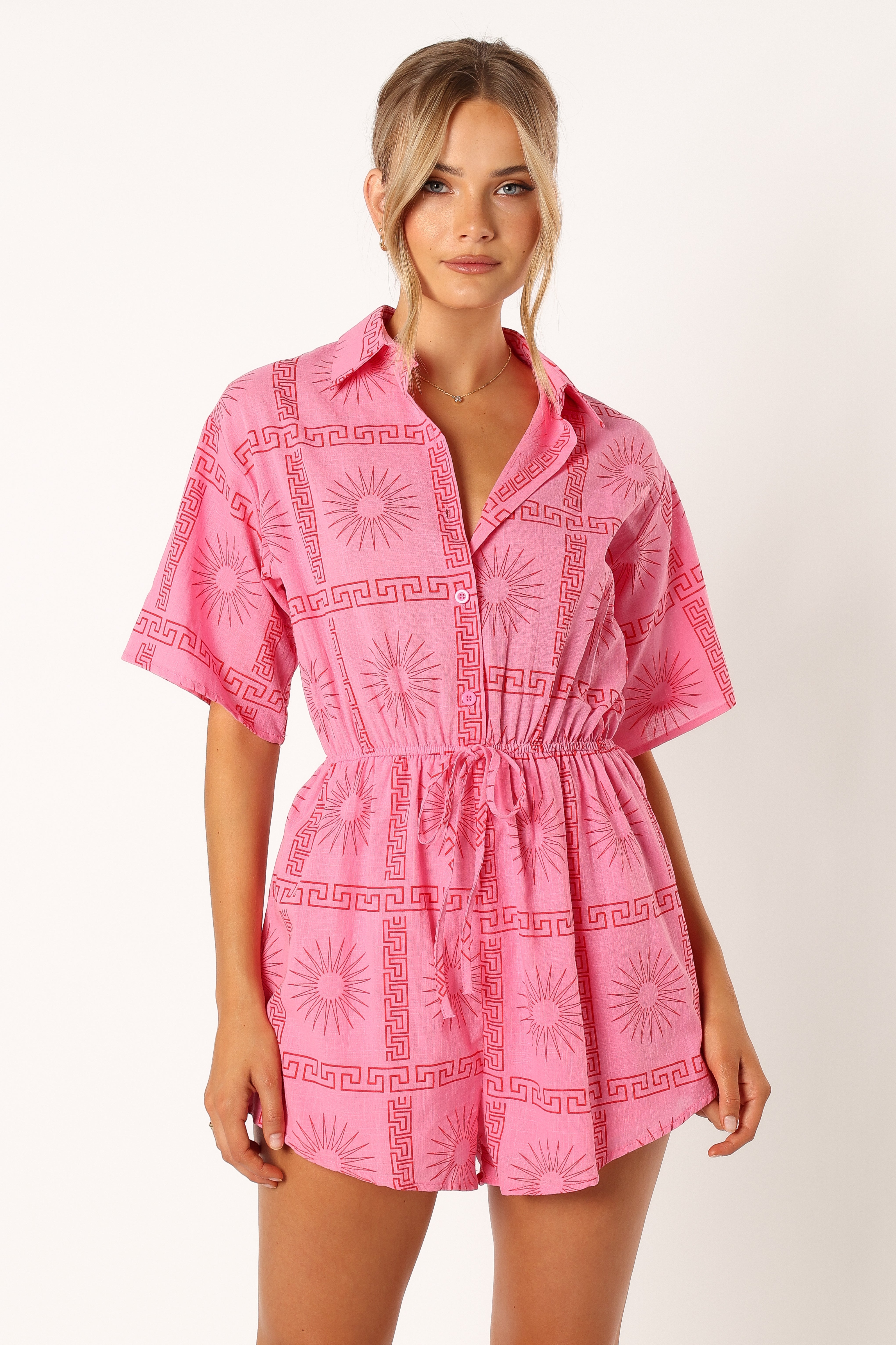 Women's Pink Printed Cotton Romper - Ilios Casual Short Sleeve Jumpsuit