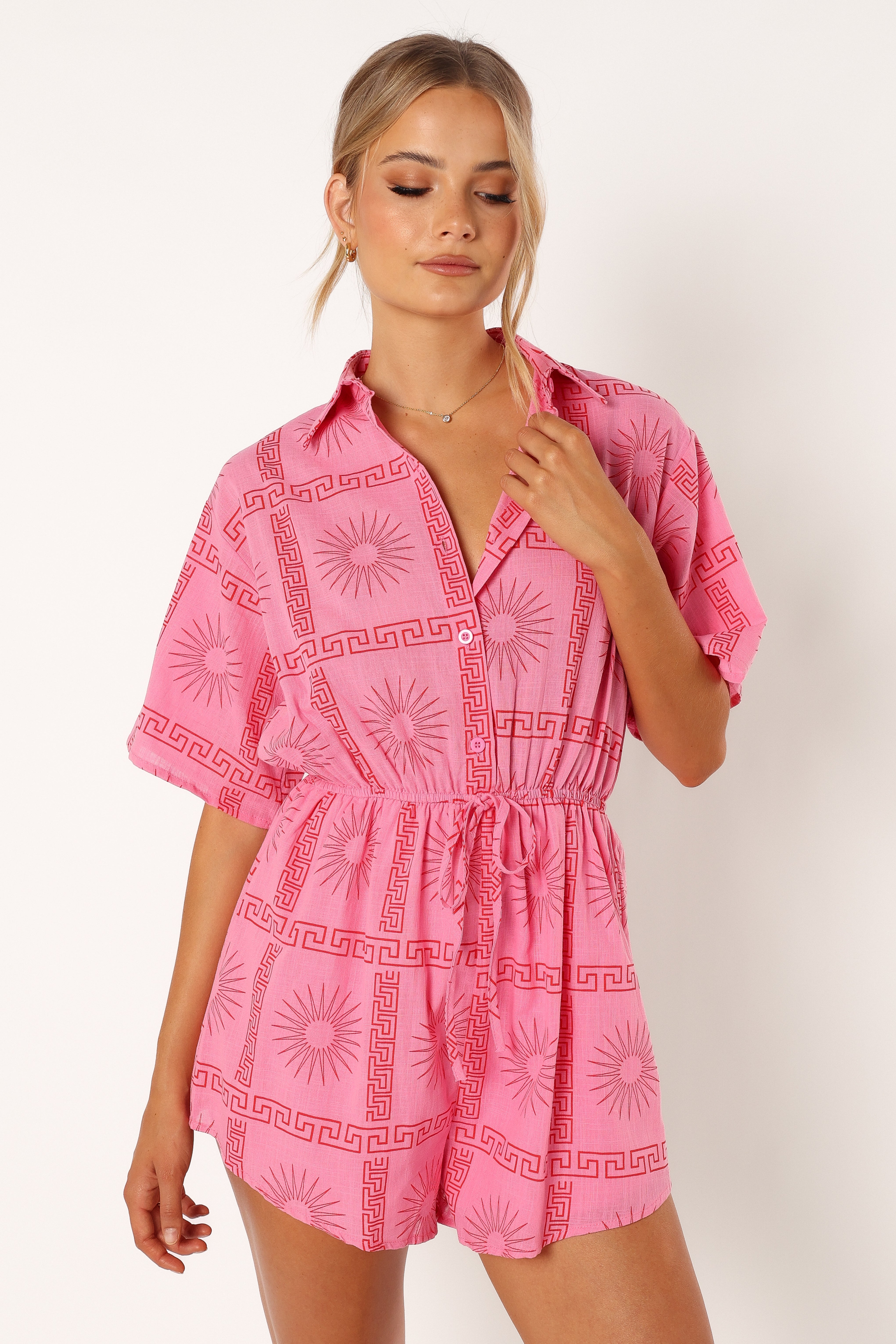 Women's Pink Printed Cotton Romper - Ilios Casual Short Sleeve Jumpsuit