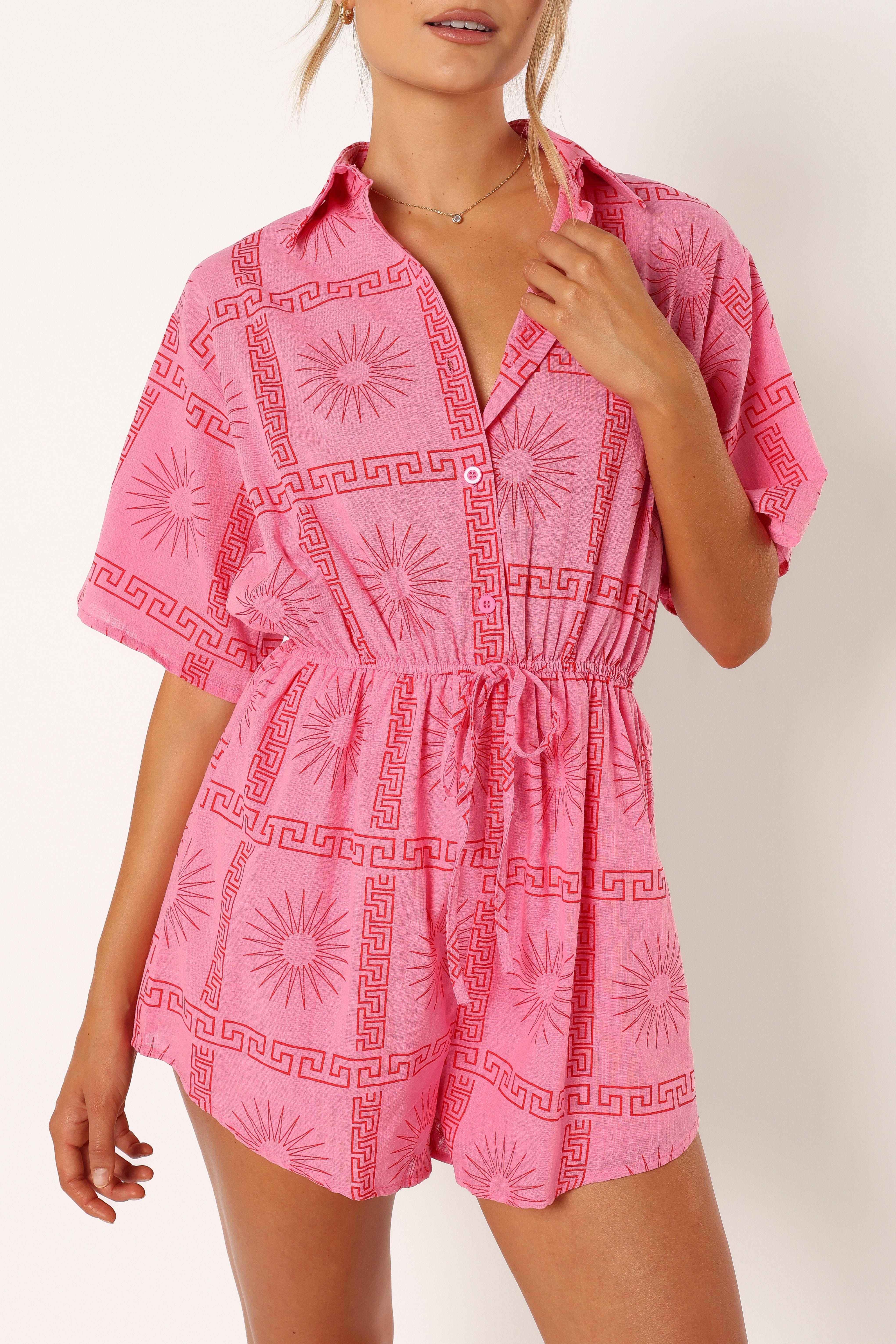Women's Pink Printed Cotton Romper - Ilios Casual Short Sleeve Jumpsuit