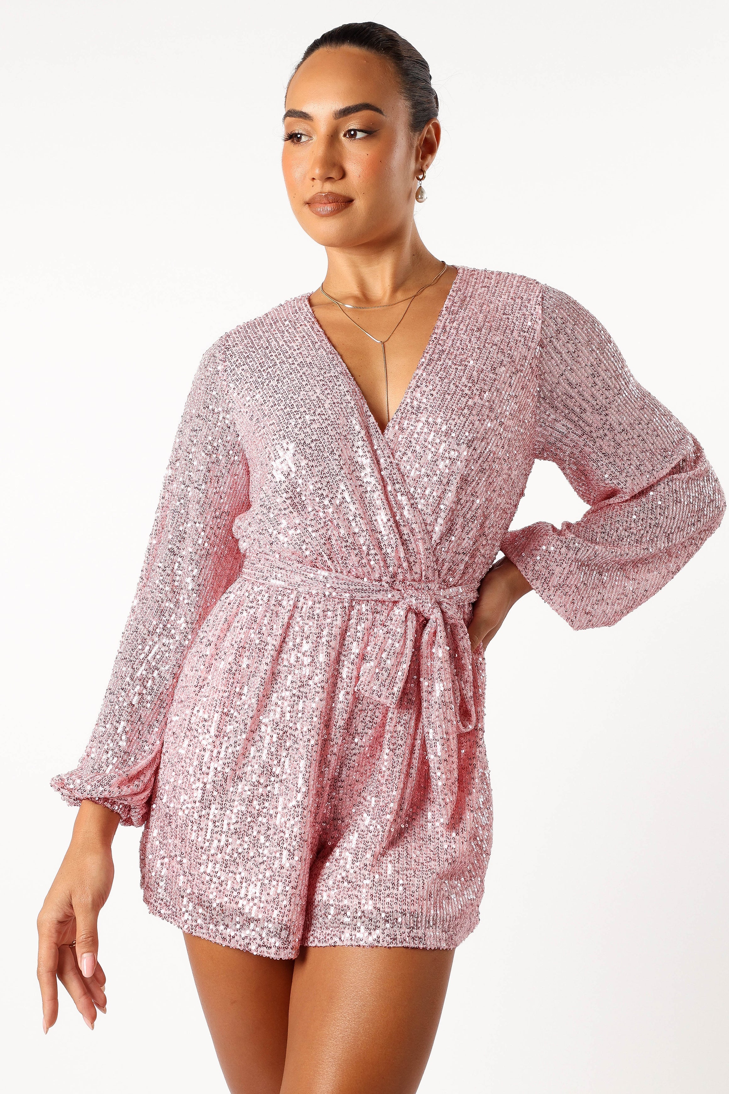 Pink Sequin Romper with Detachable Waist Tie - Monica