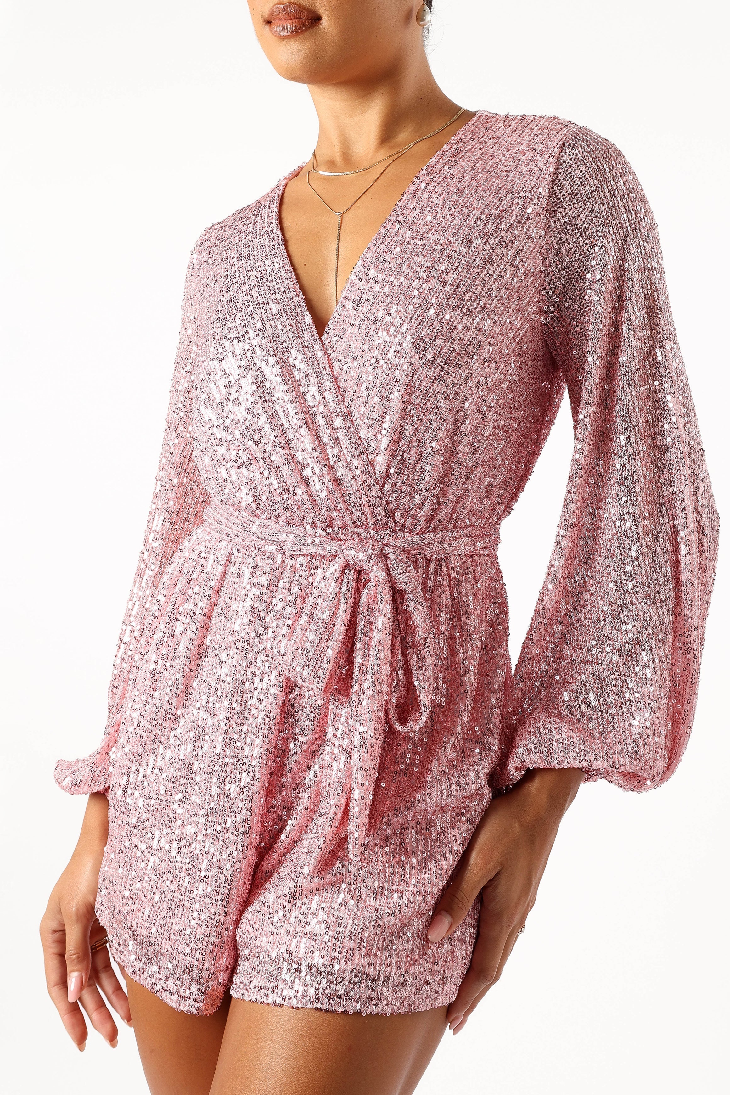 Pink Sequin Romper with Detachable Waist Tie - Monica