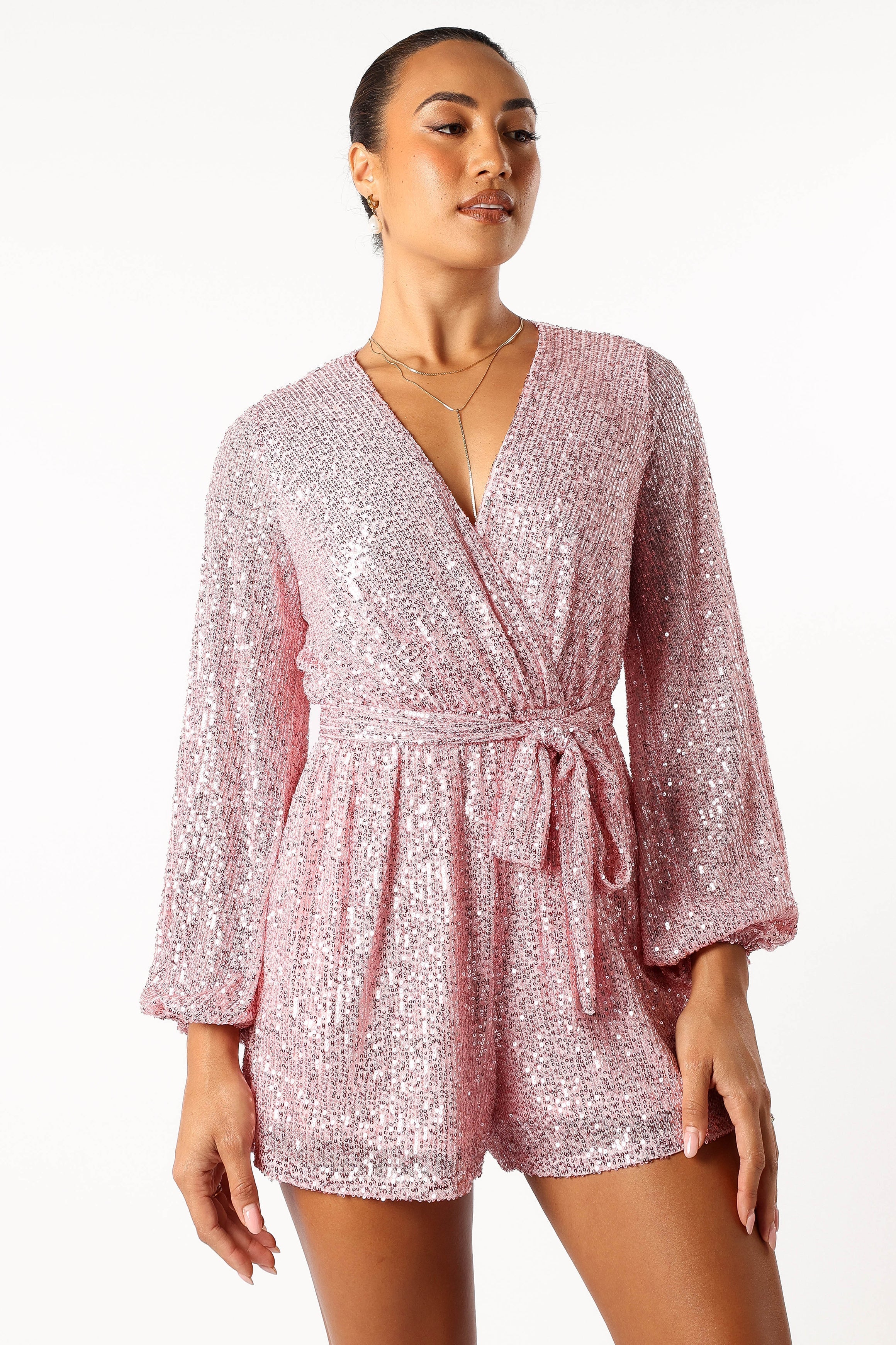 Pink Sequin Romper with Detachable Waist Tie - Monica