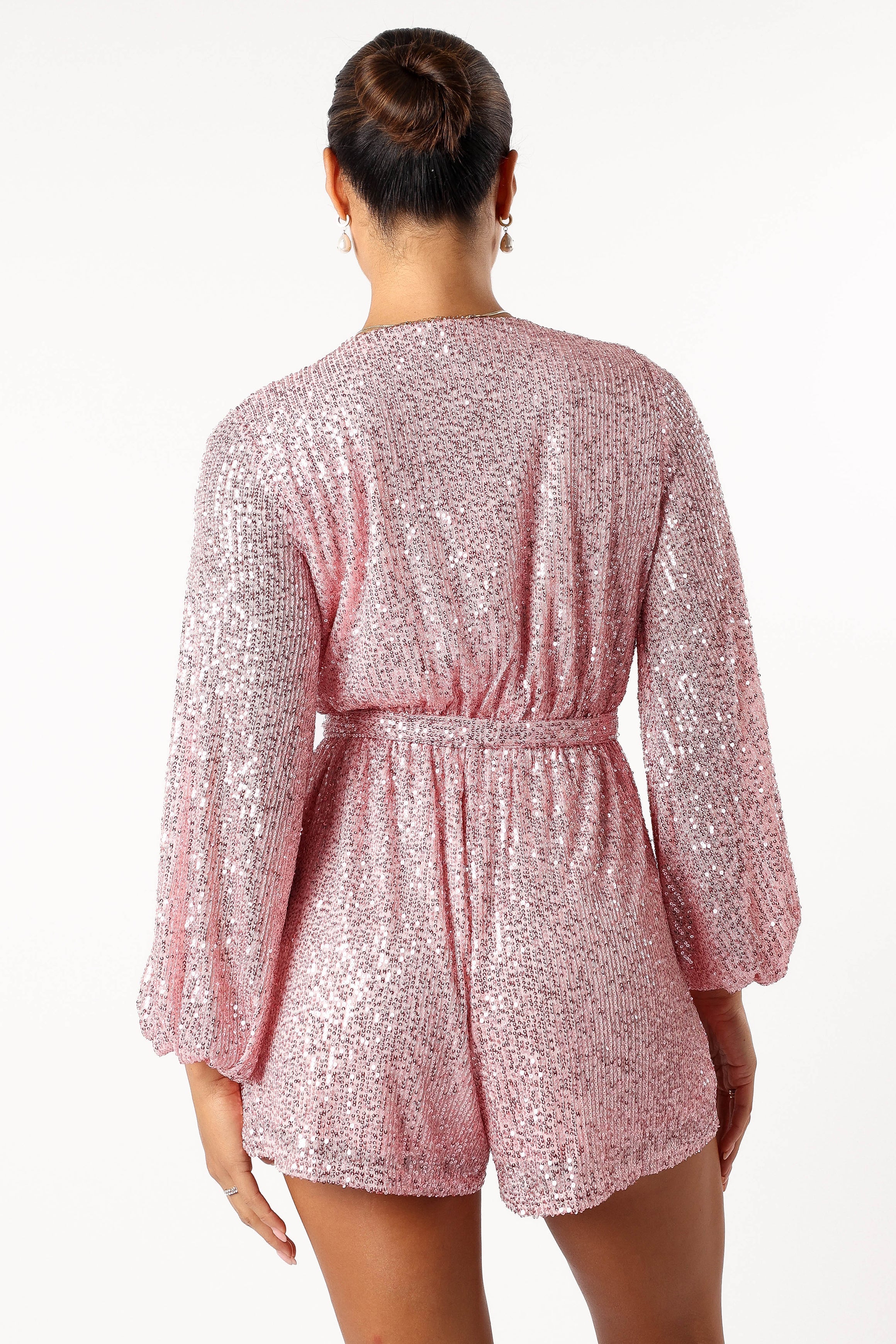 Pink Sequin Romper with Detachable Waist Tie - Monica