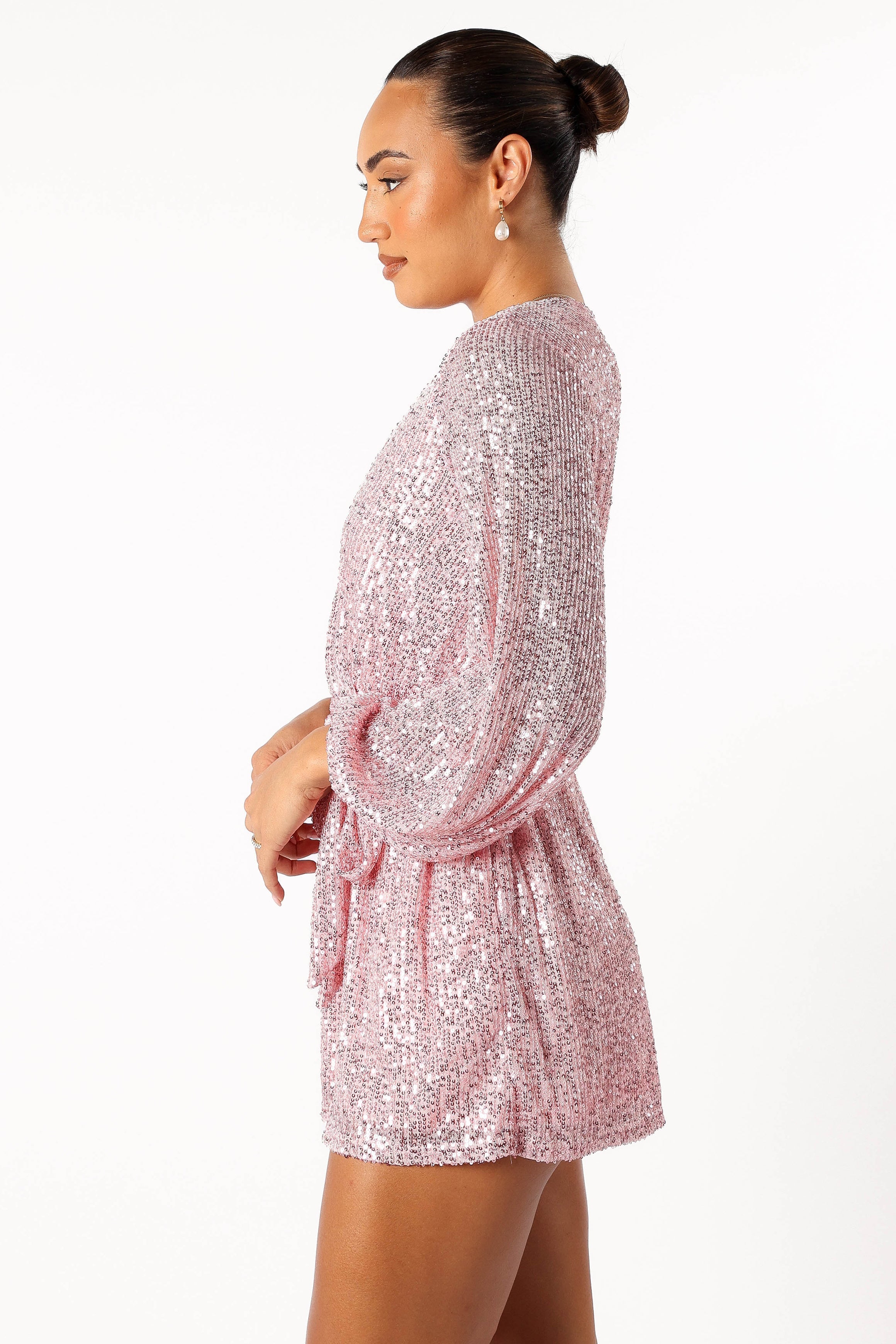 Pink Sequin Romper with Detachable Waist Tie - Monica