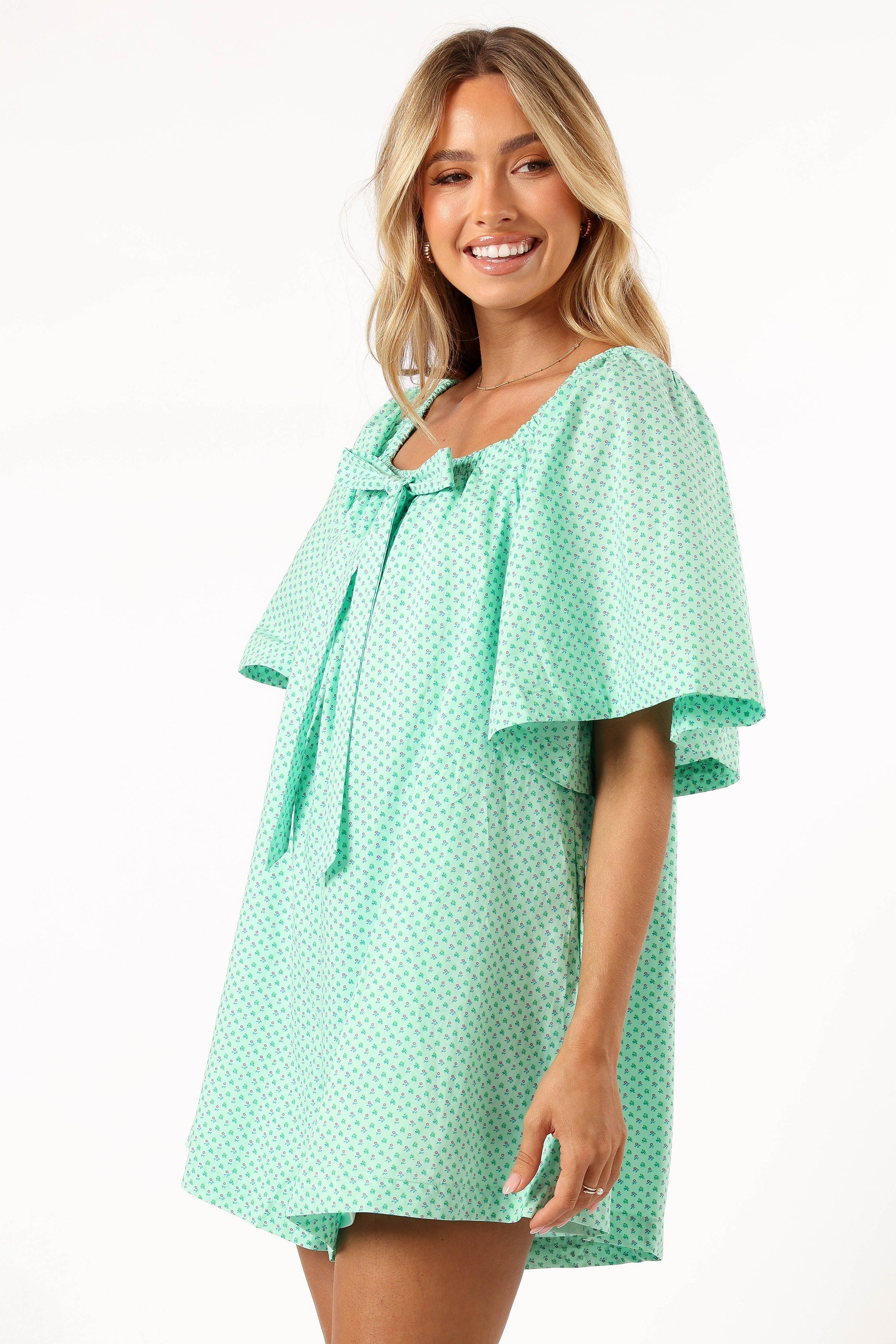 Square Neck Tie Detail Dress with Pockets - Mint Green Cotton Romper