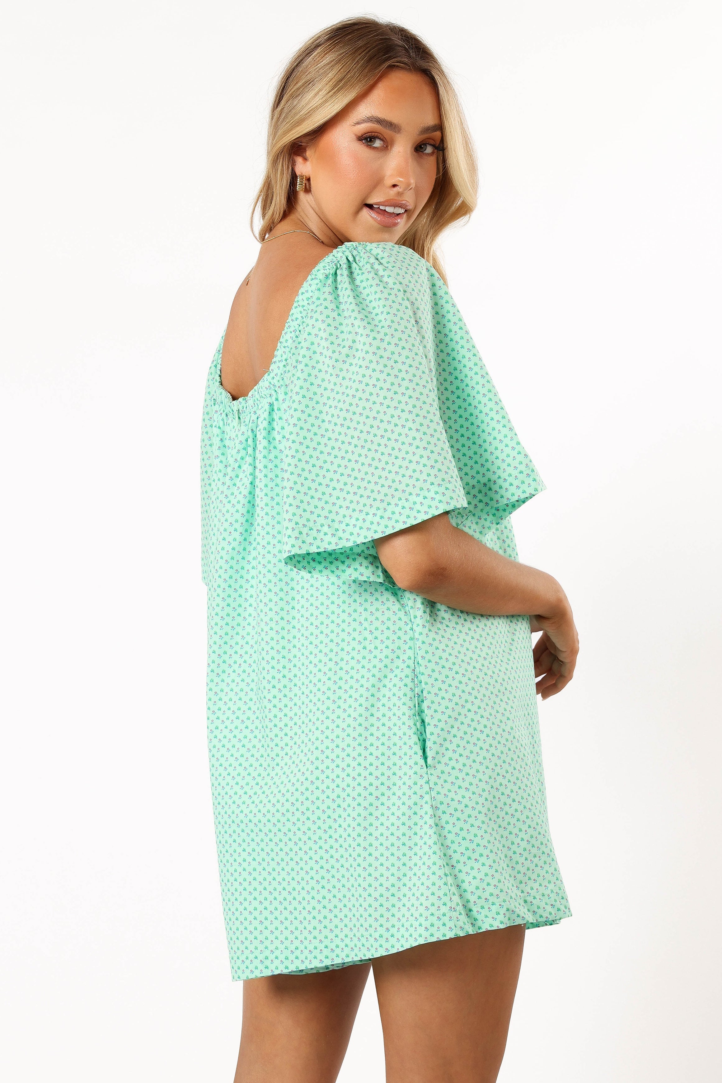 Square Neck Tie Detail Dress with Pockets - Mint Green Cotton Romper