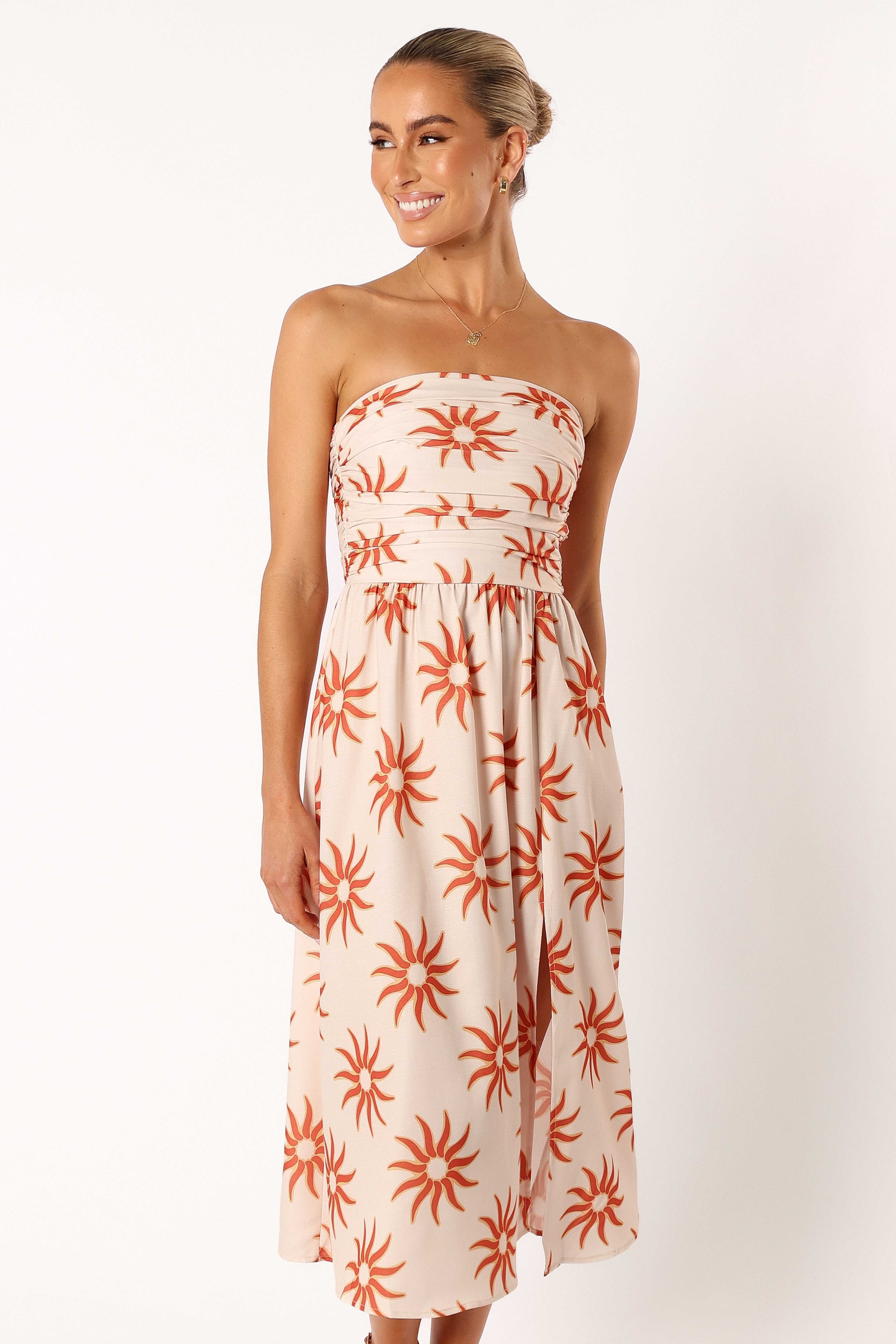 Strapless Midi Dress with Side Split & Ruched Bust - Soleil