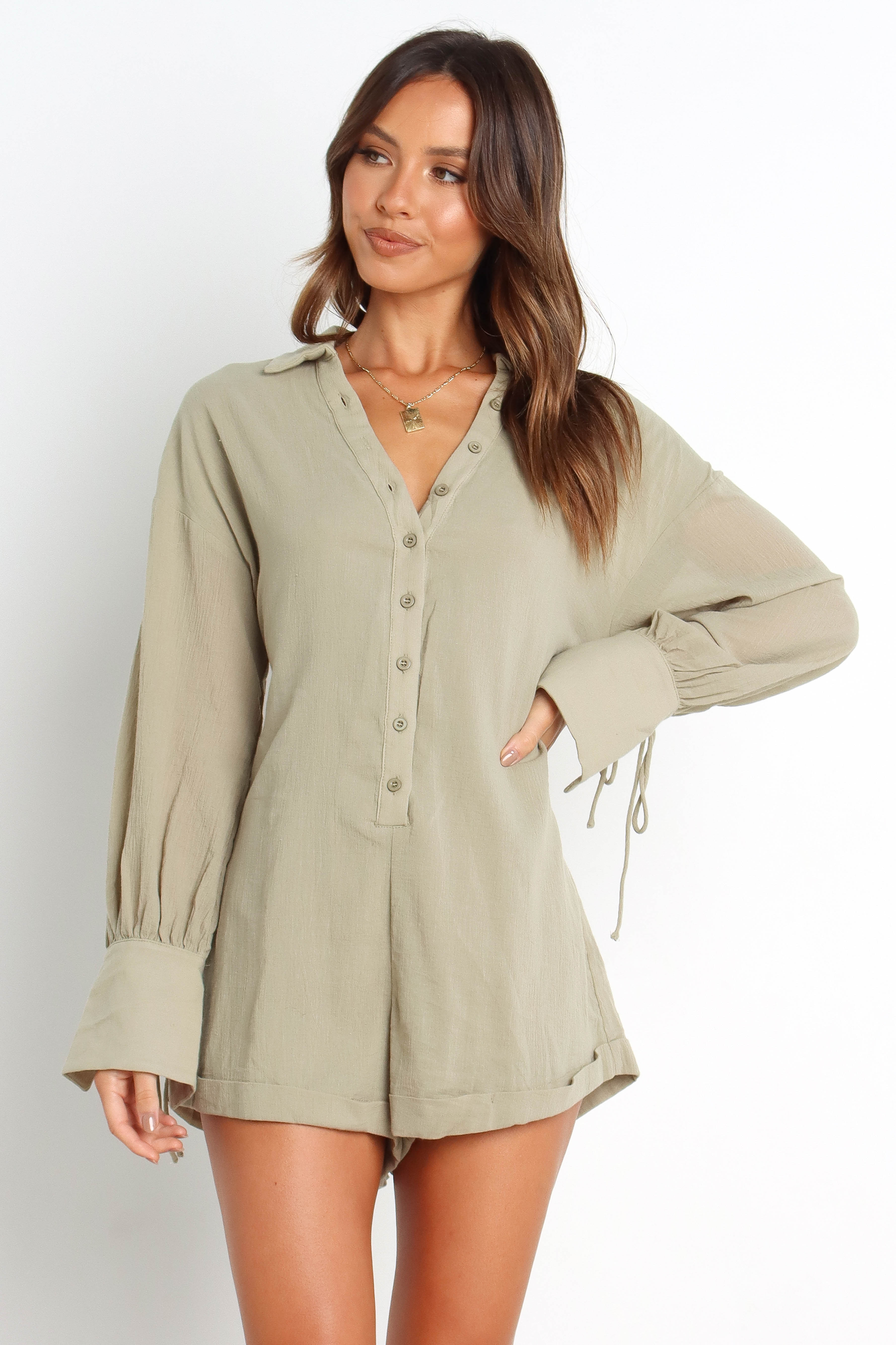 Women's Sage Cotton Becky Playsuit with Long Sleeves & Tie Cuffs