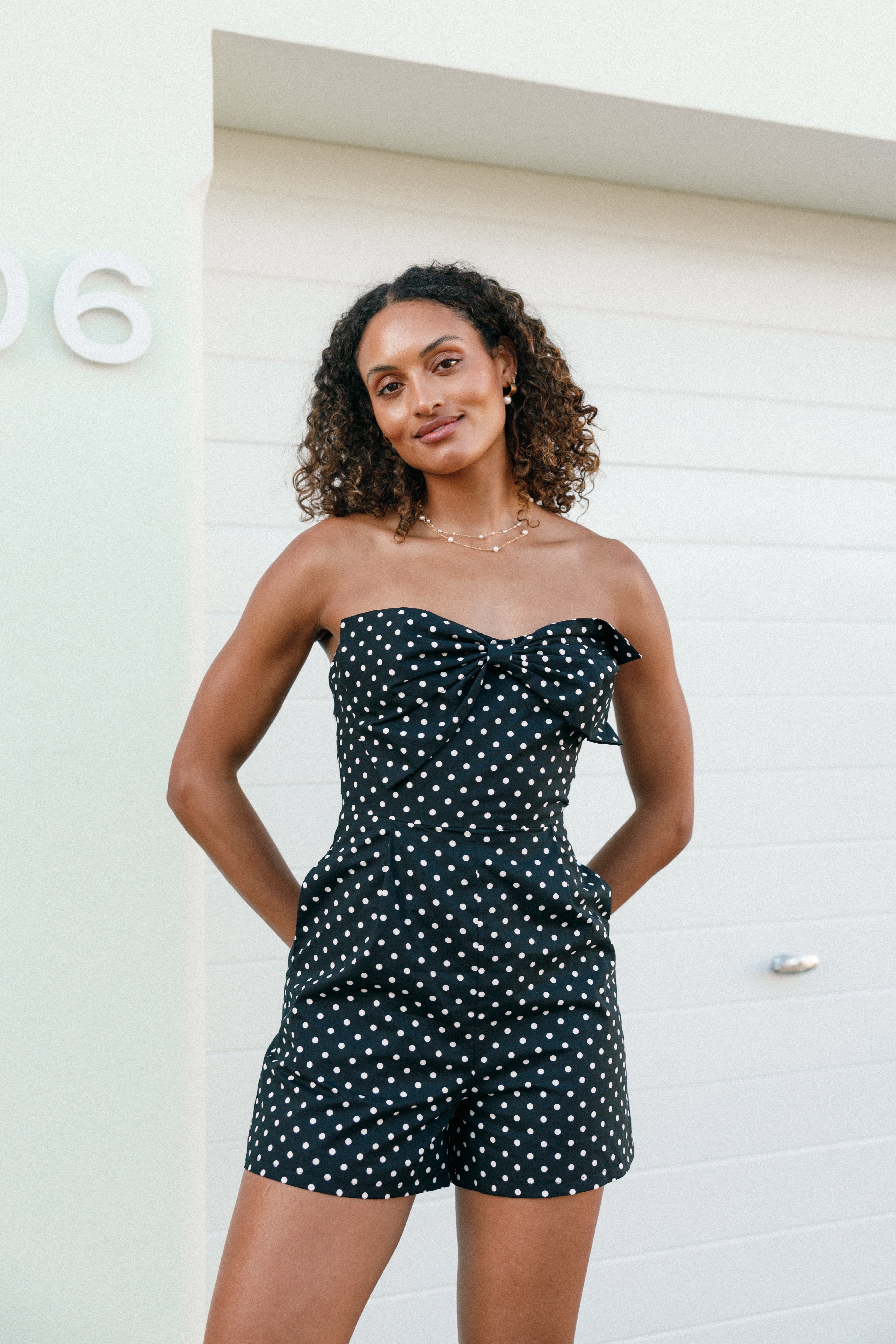 Strapless Polka Dot Romper with Bow - Black & White Cotton