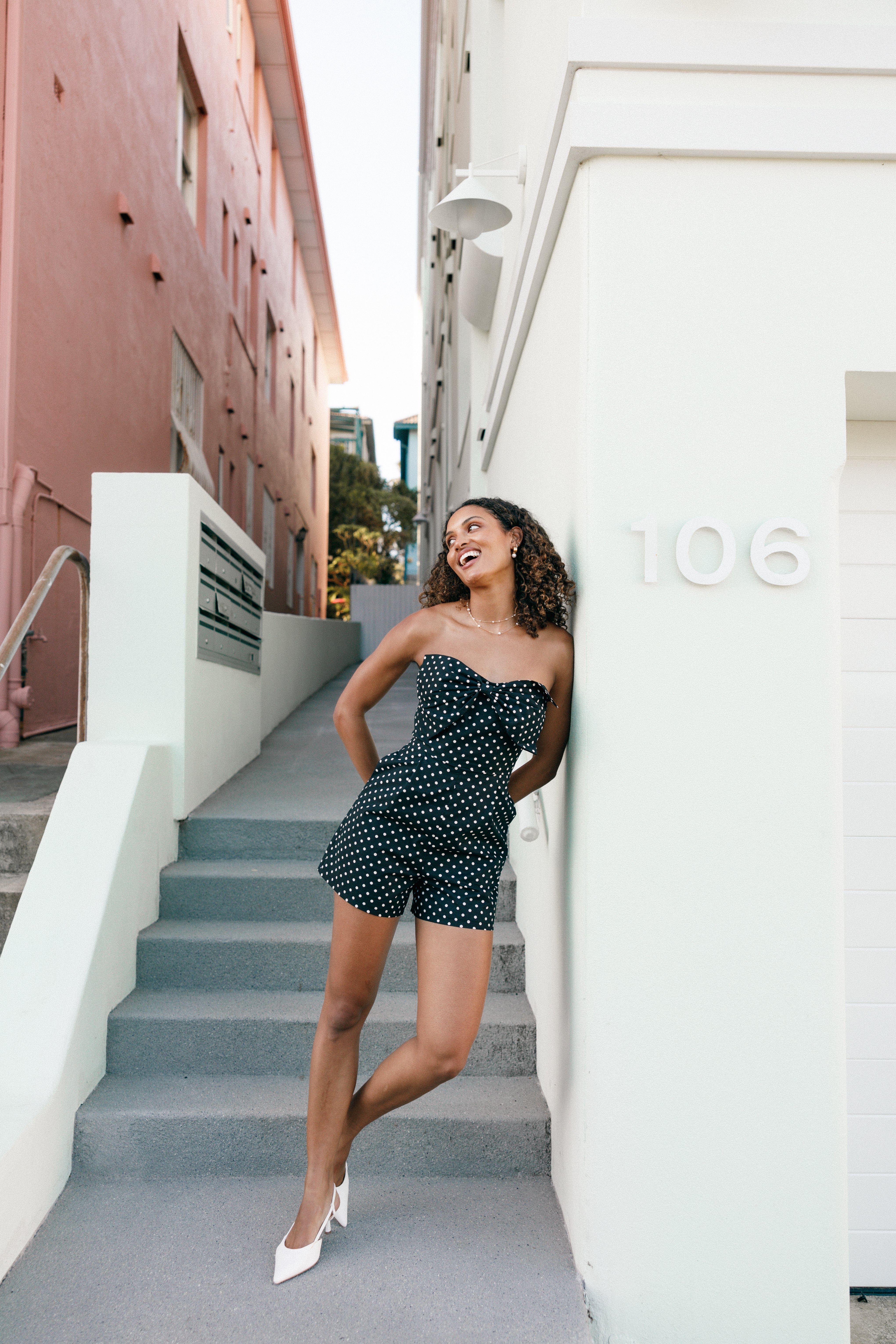 Strapless Polka Dot Romper with Bow - Black & White Cotton