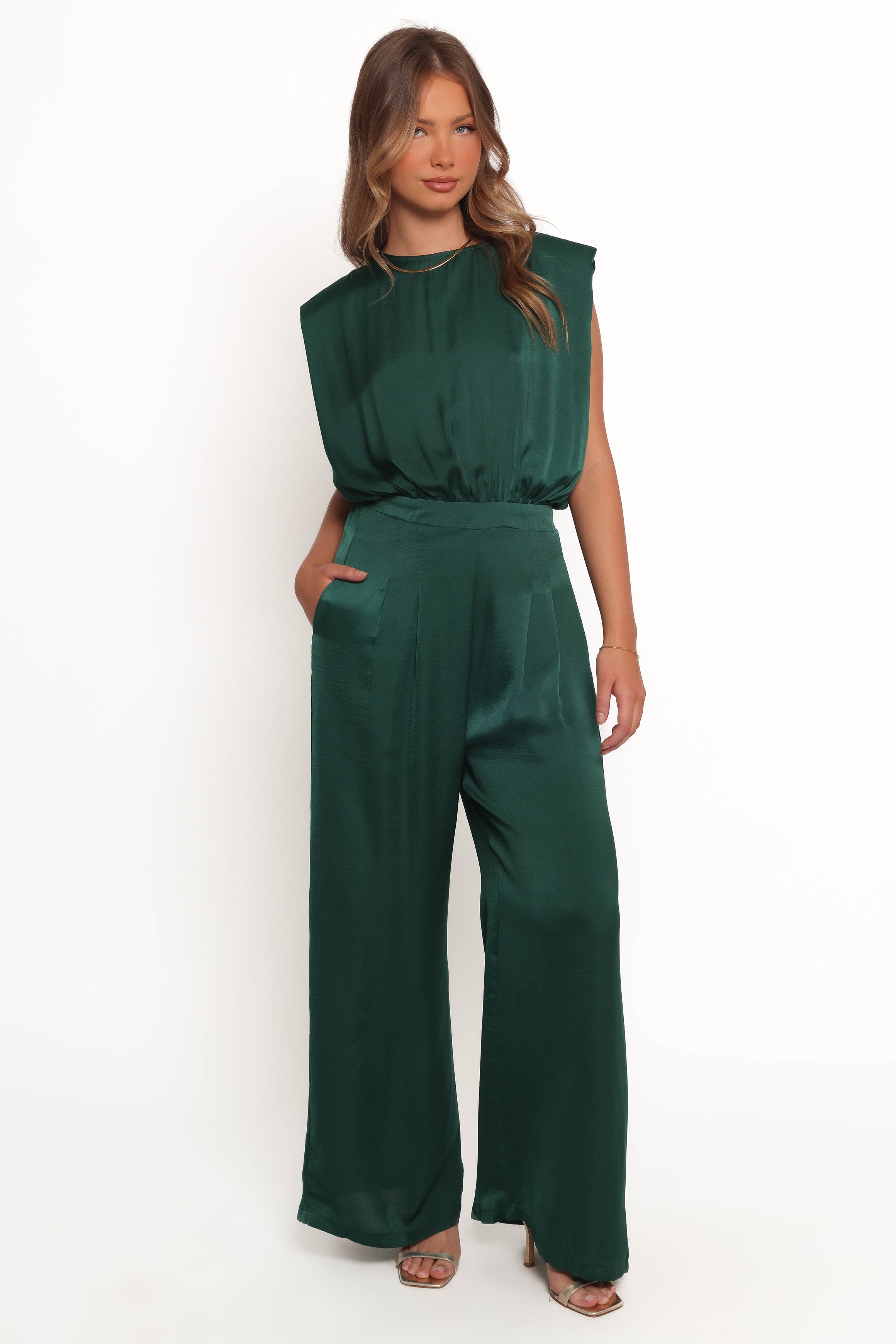 Rema Sleeveless Jumpsuit with V-Back Tie - Dark Green