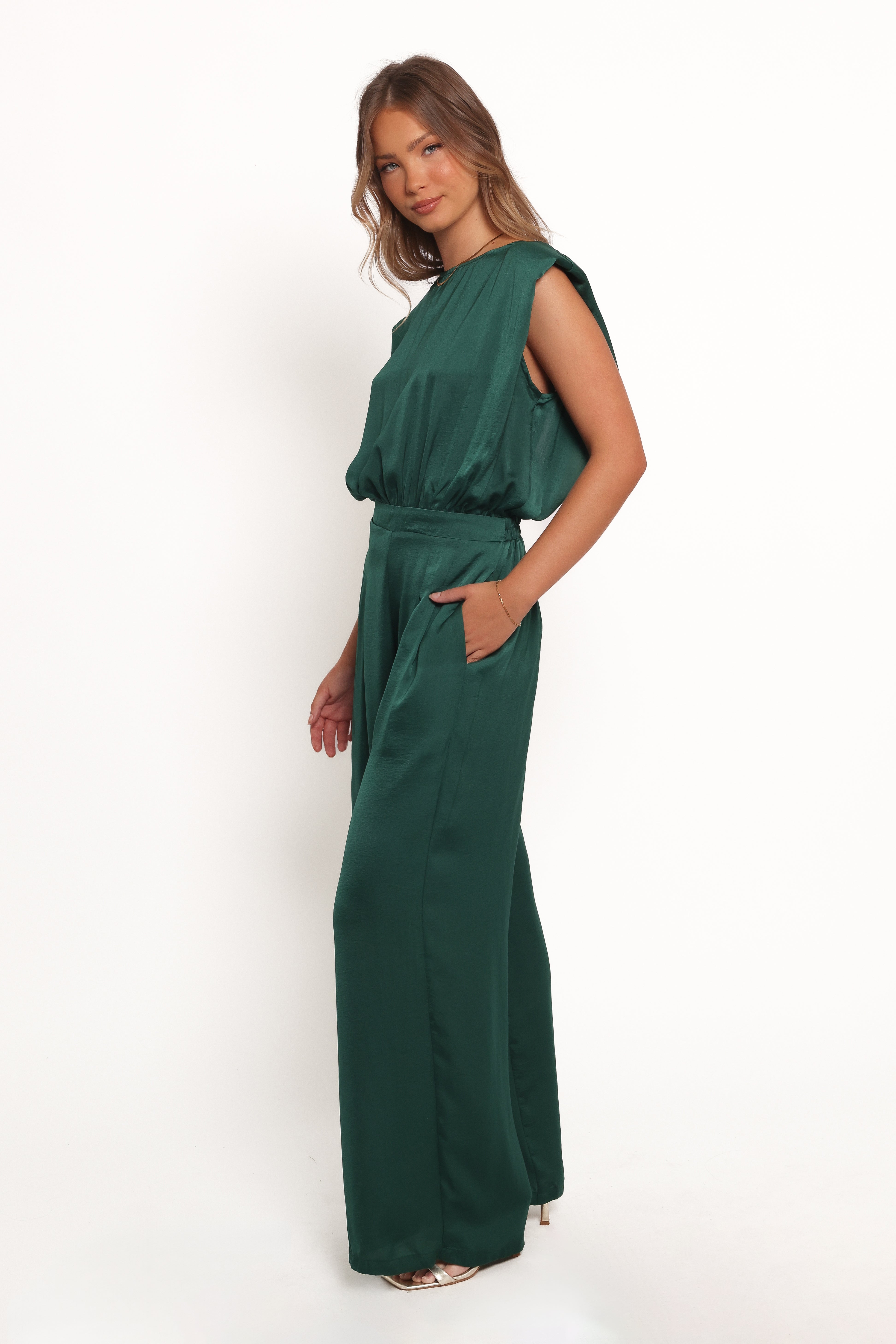 Rema Sleeveless Jumpsuit with V-Back Tie - Dark Green