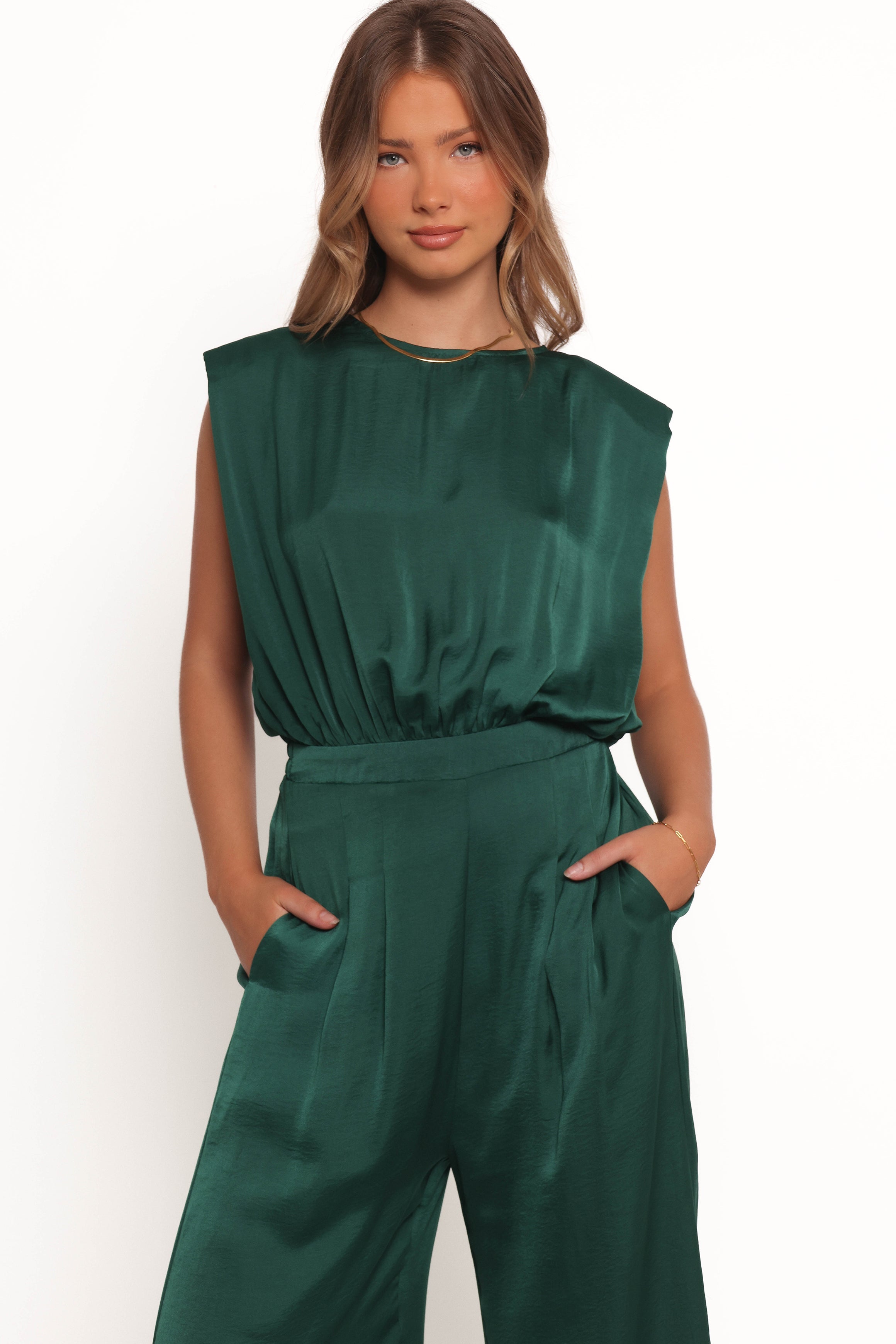 Rema Sleeveless Jumpsuit with V-Back Tie - Dark Green