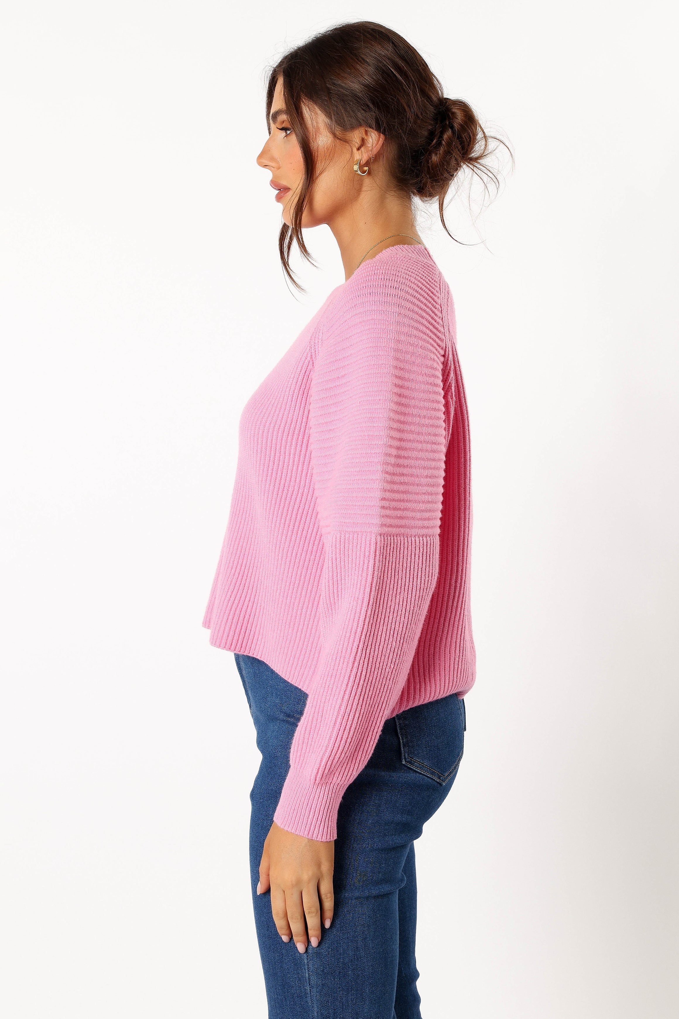 Pink Ribbed Knit Cropped Sweater - Long Sleeve Round Neck Top