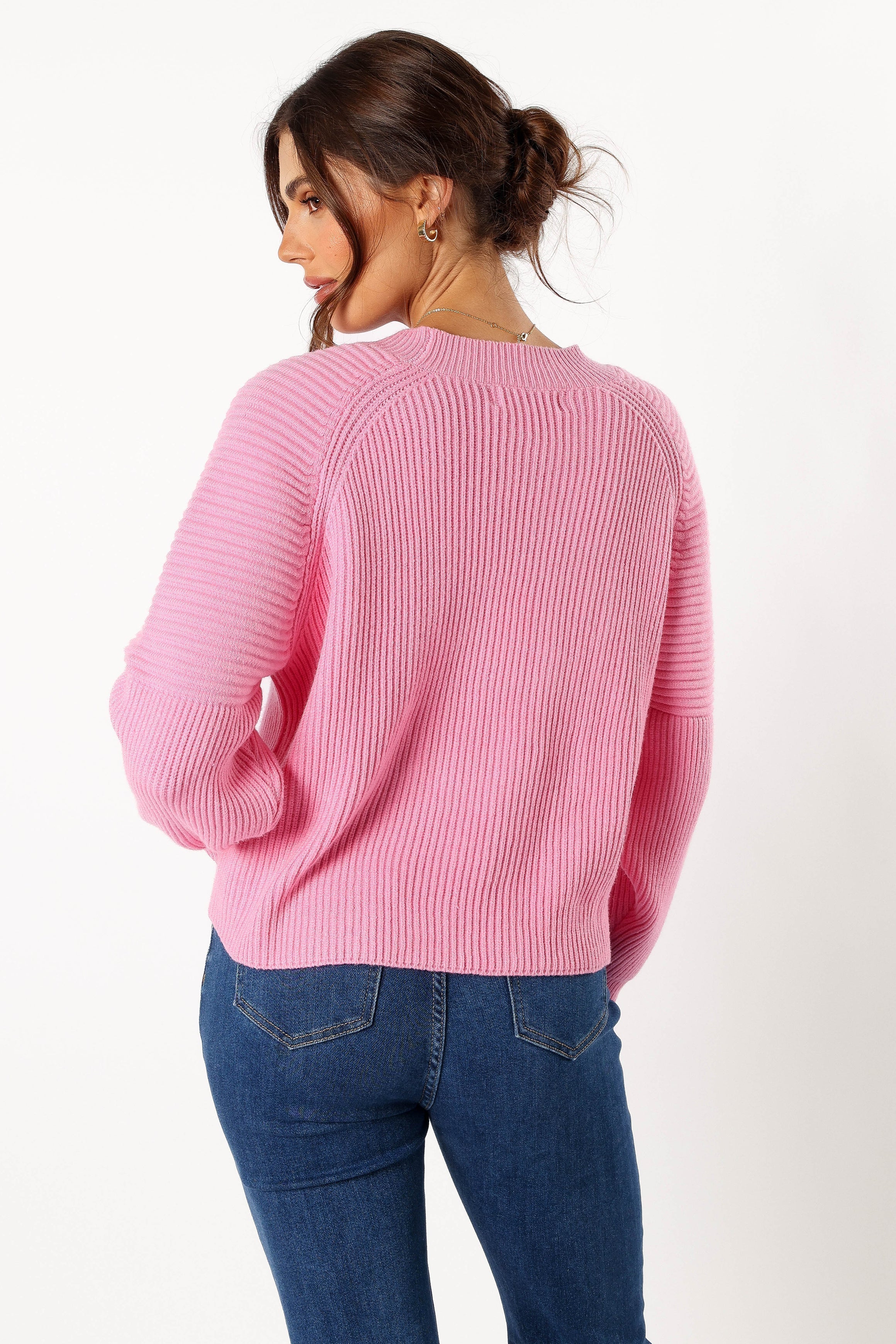 Pink Ribbed Knit Cropped Sweater - Long Sleeve Round Neck Top