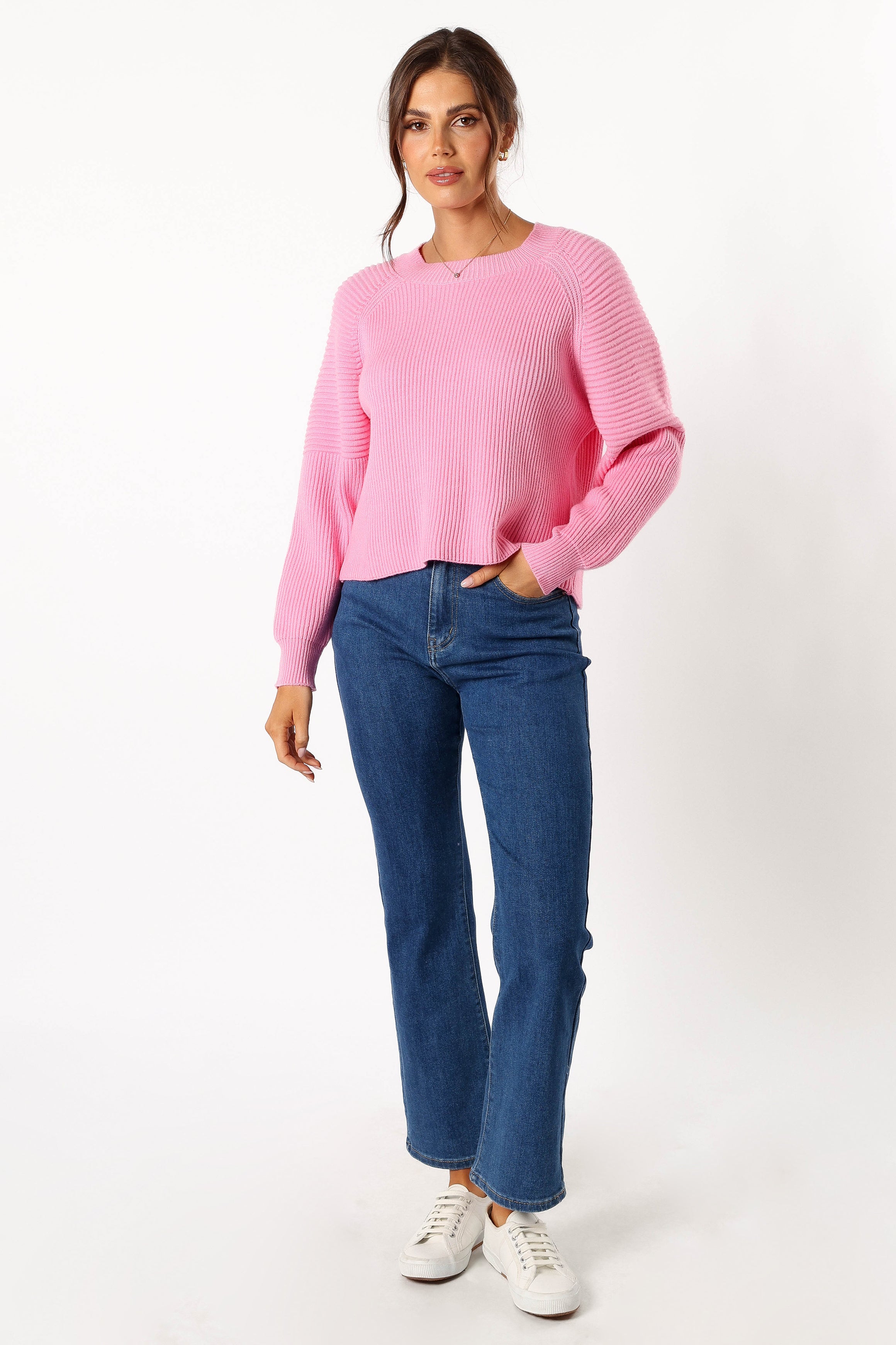 Pink Ribbed Knit Cropped Sweater - Long Sleeve Round Neck Top