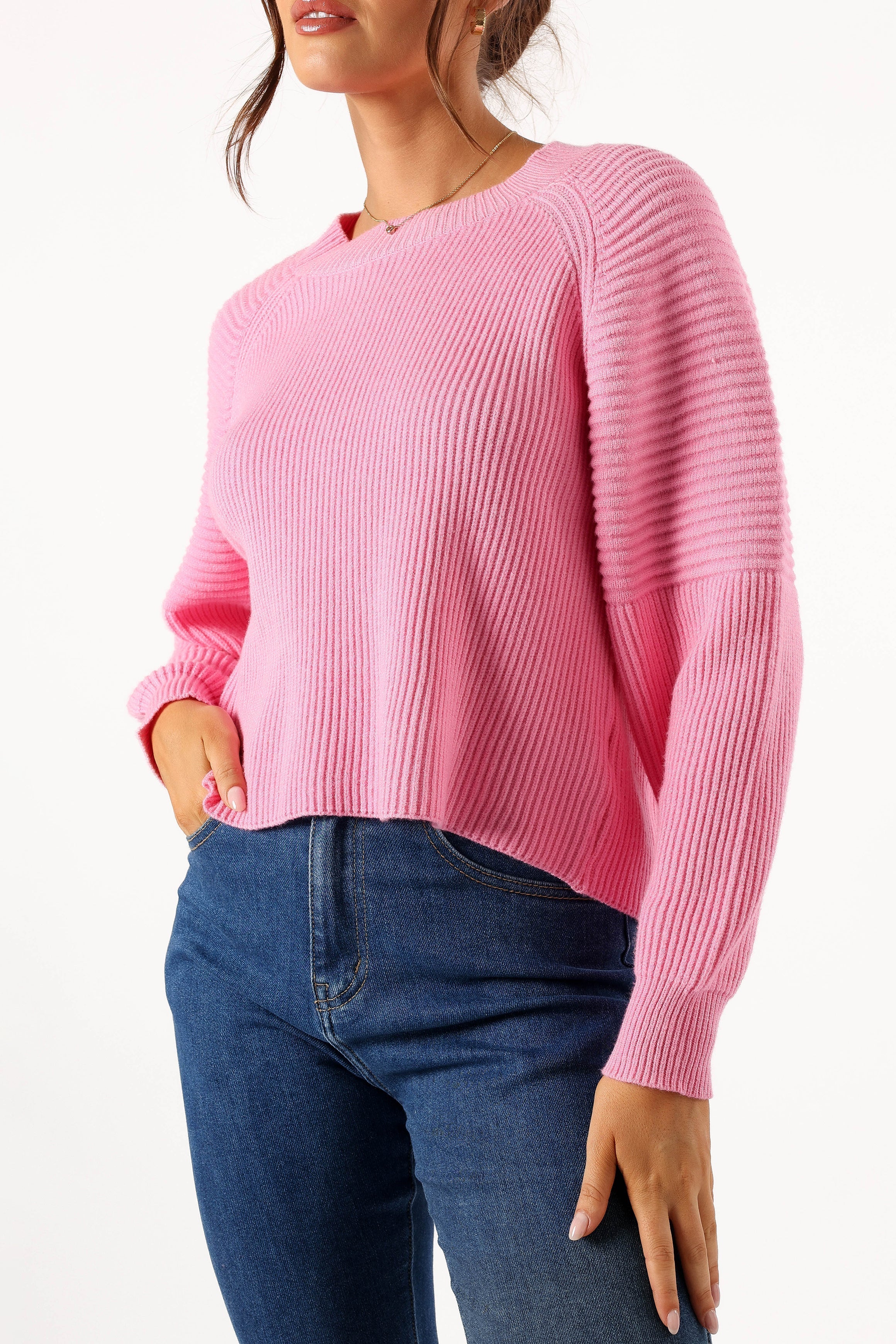 Pink Ribbed Knit Cropped Sweater - Long Sleeve Round Neck Top