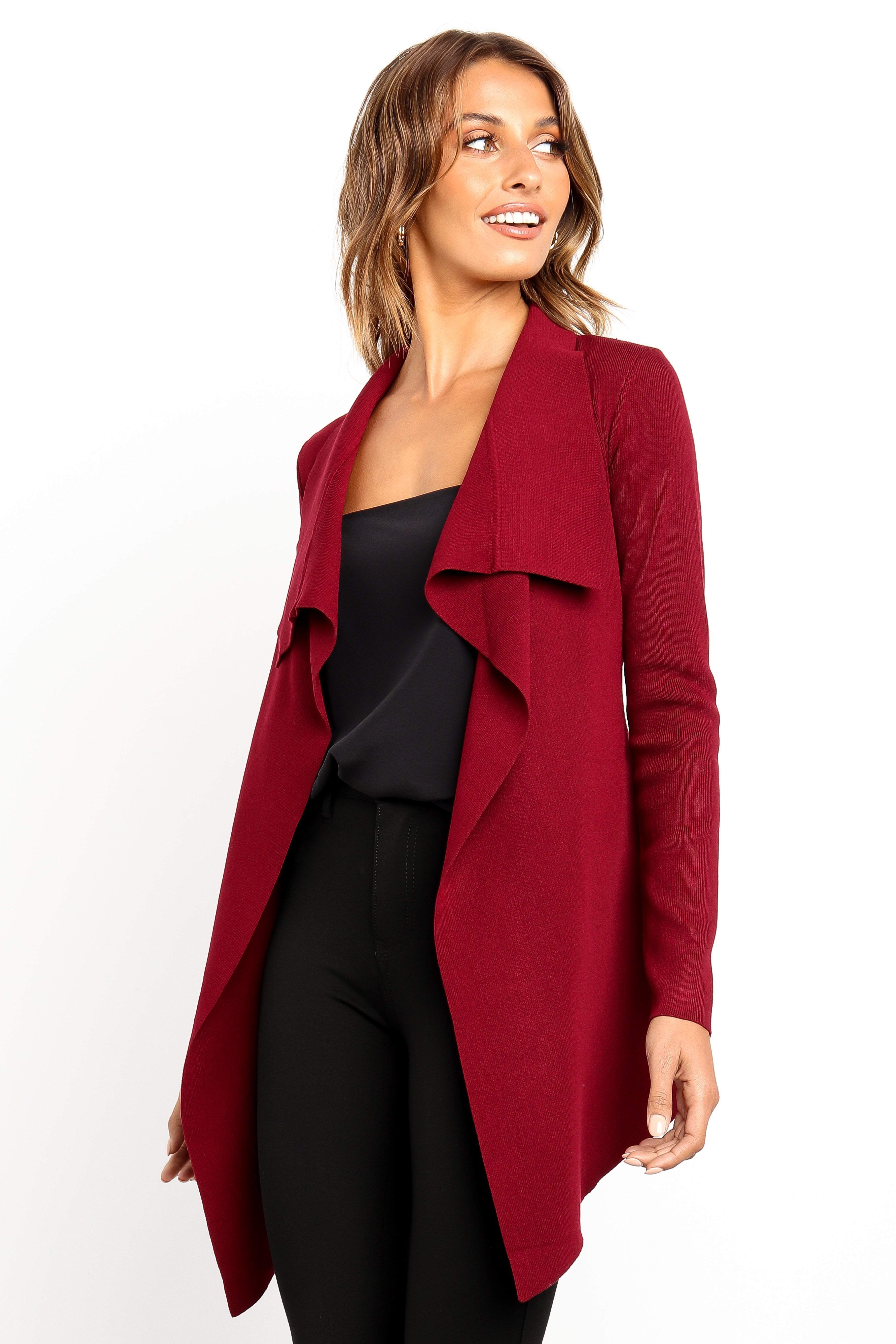 Women's Berry Viscose Cardigan with Waist Tie & Waterfall Front
