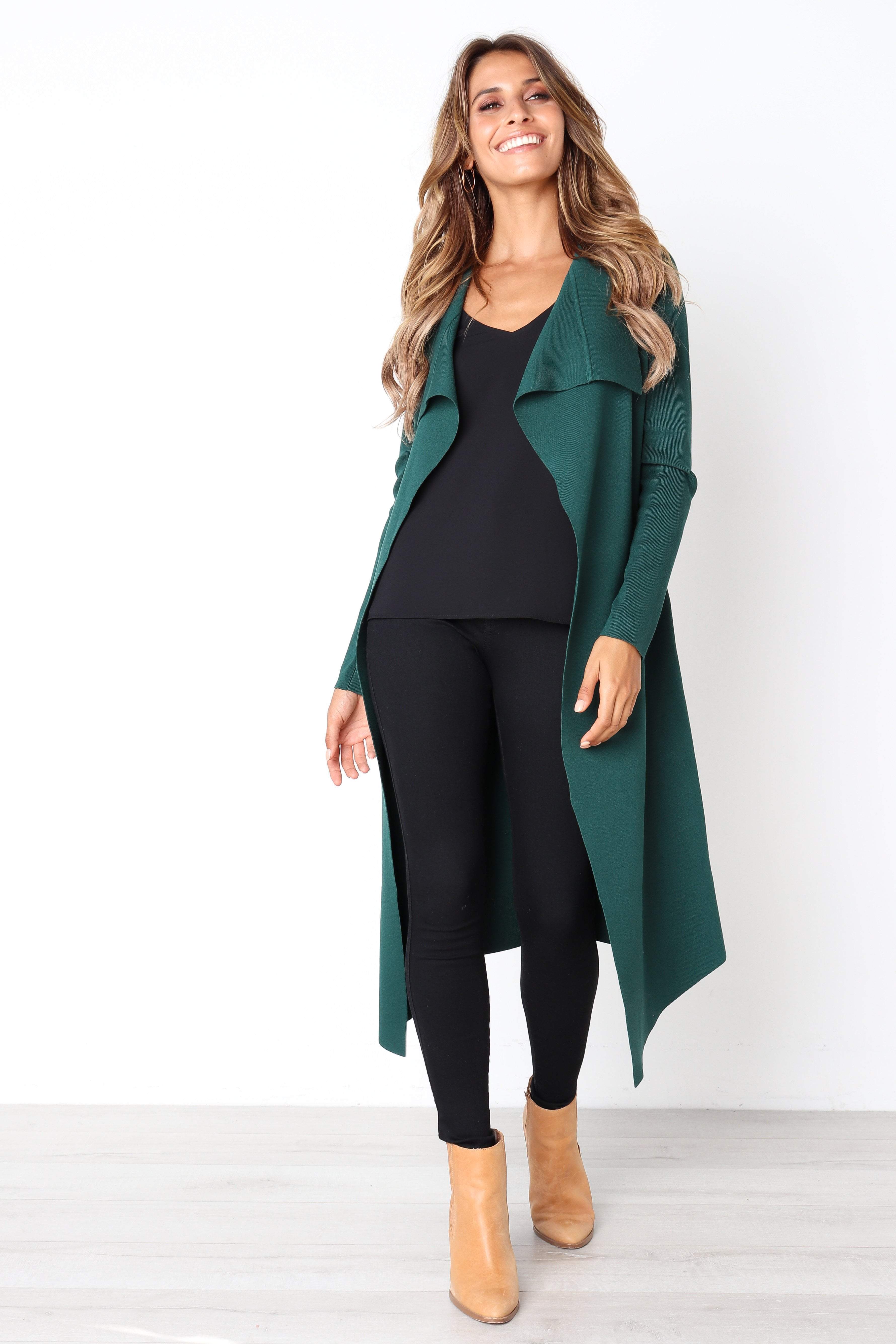 Forest Green Ribbed Knit Longline Cardigan with Waist Tie & Pockets - Audrina