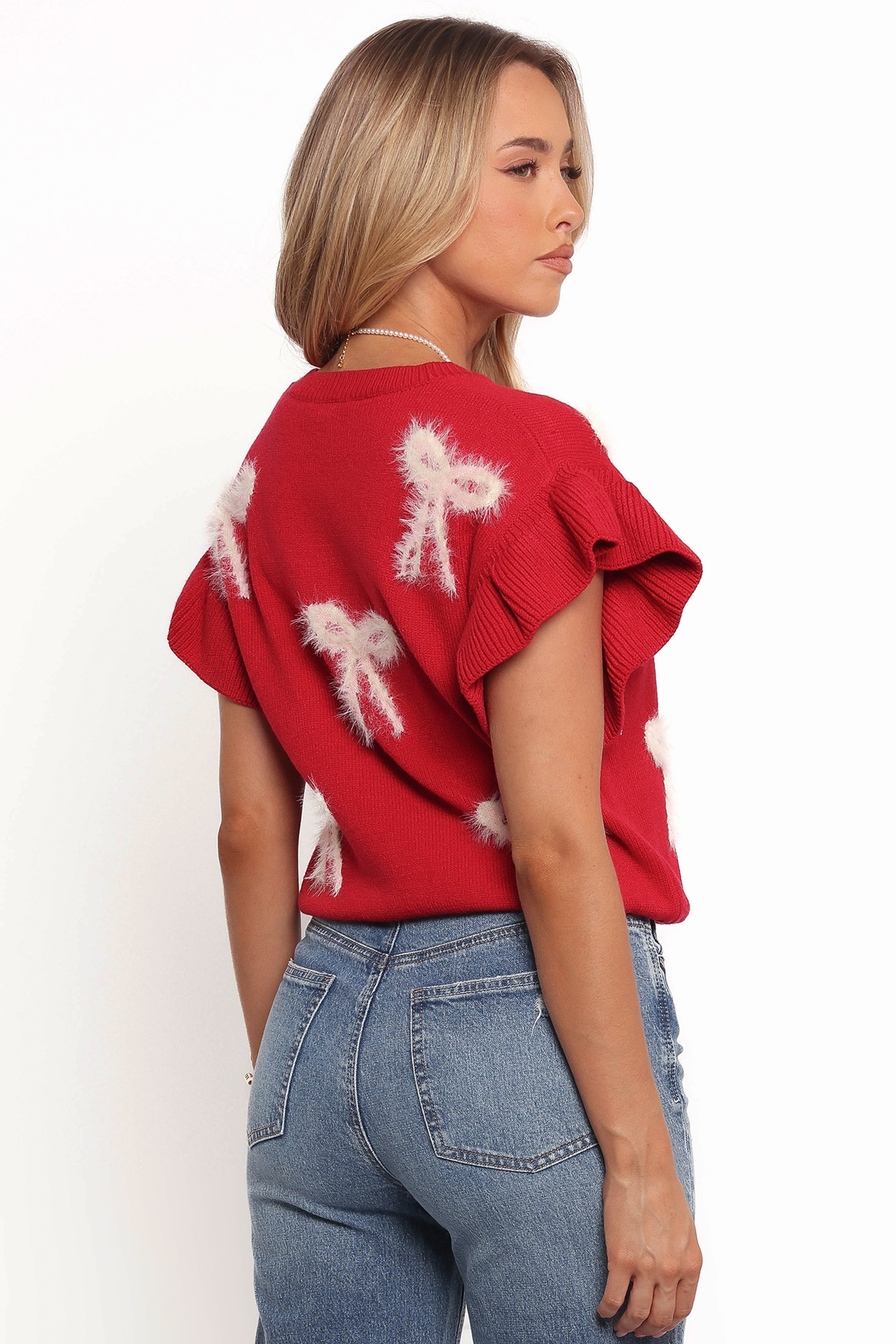 Red Ruffle Sleeve Bow Knit Sweater - Cozy Women's Pullover