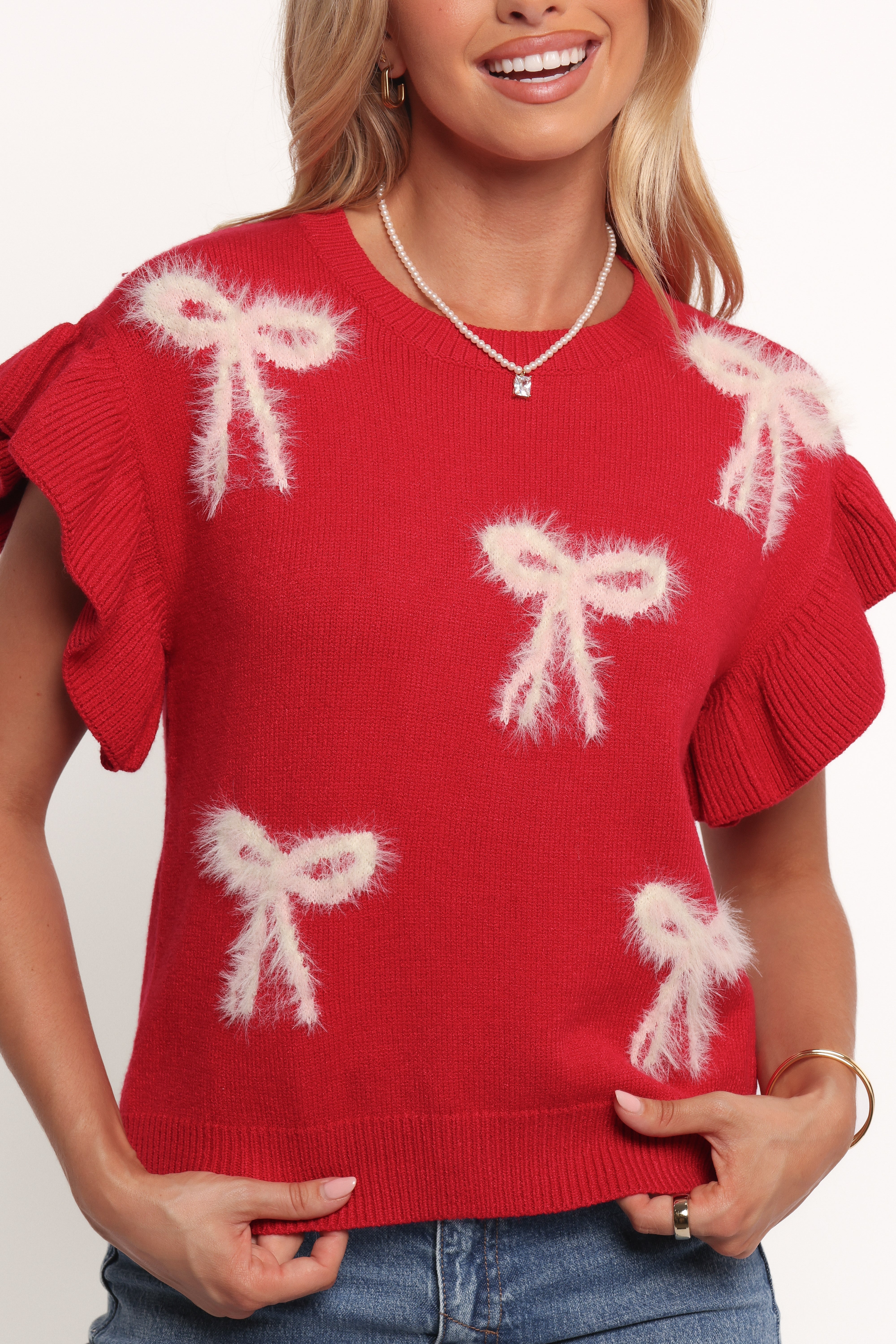 Red Ruffle Sleeve Bow Knit Sweater - Cozy Women's Pullover