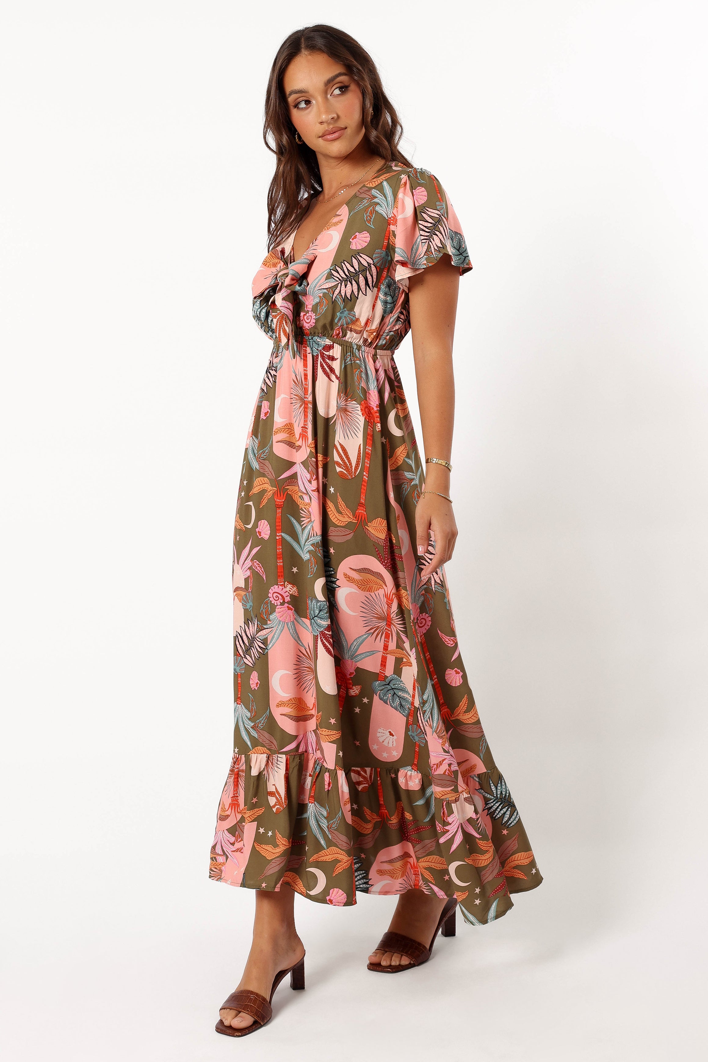 Everly Olive Print V-Neck Maxi Dress with Flutter Sleeves