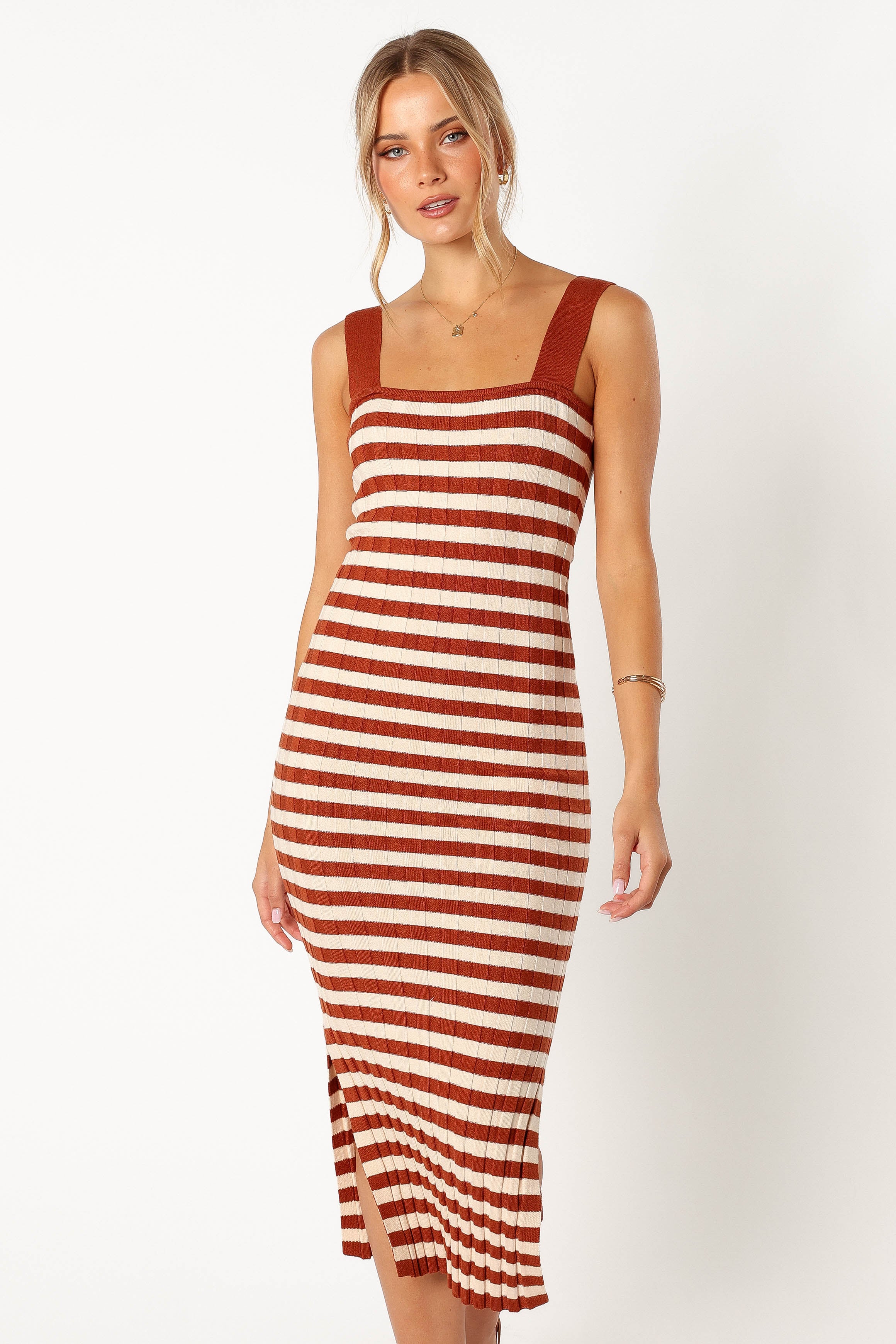 Tan Stripe Ribbed Knit Midi Dress with Square Neckline