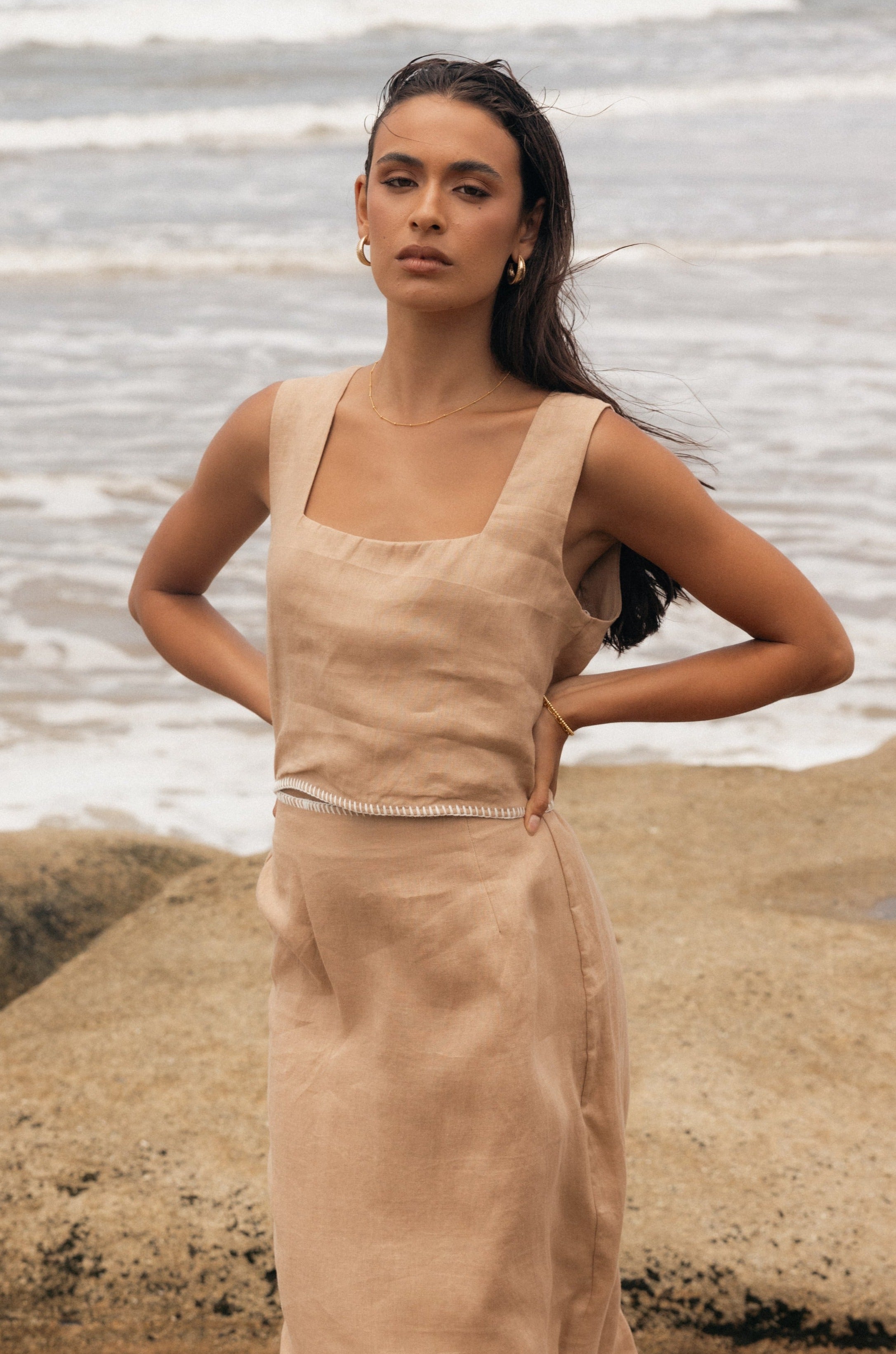 Linen Square Neck Cropped Top Odette - Camel