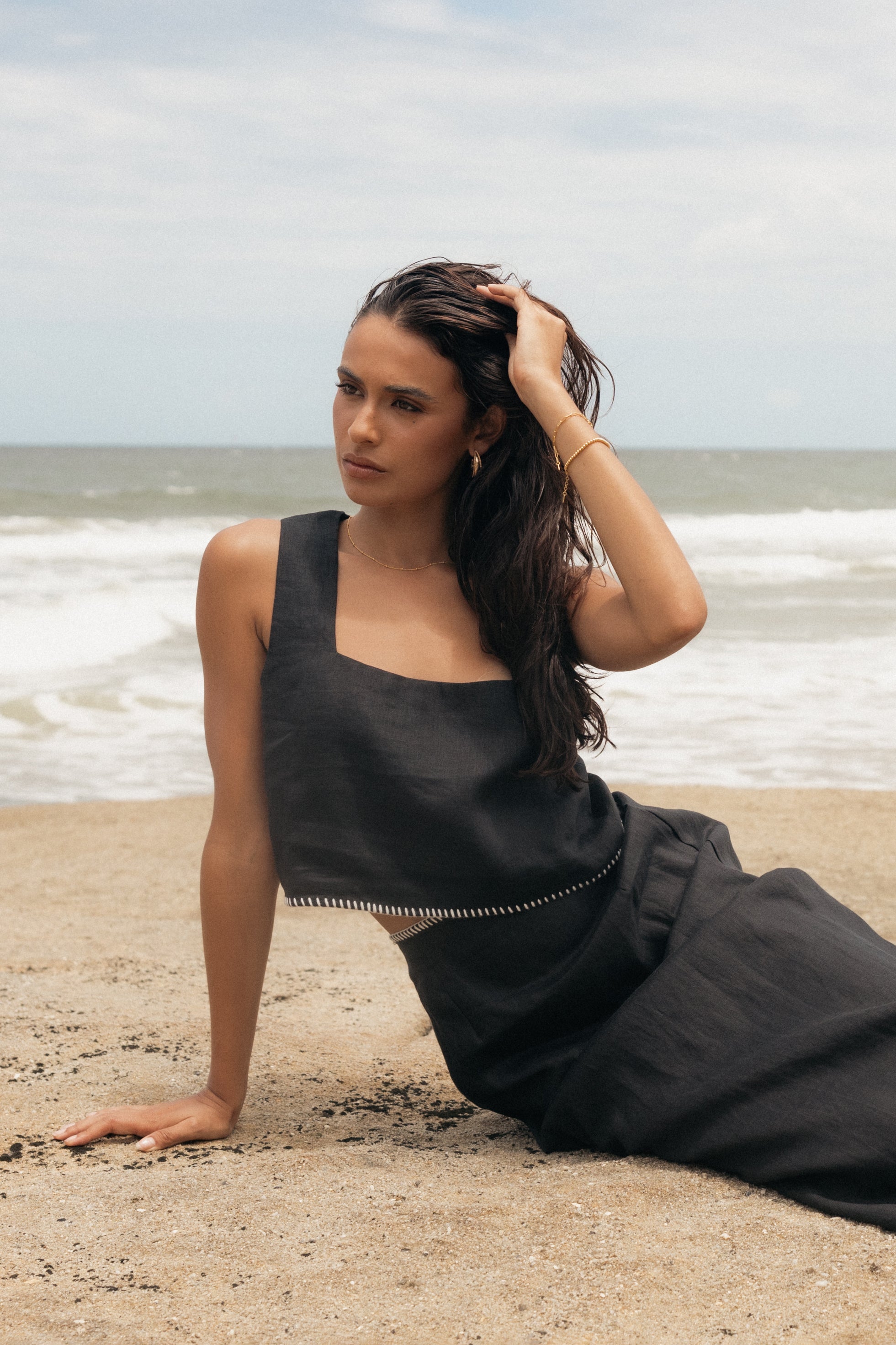 Linen Square Neck Top Odette - Black Cropped Summer Blouse