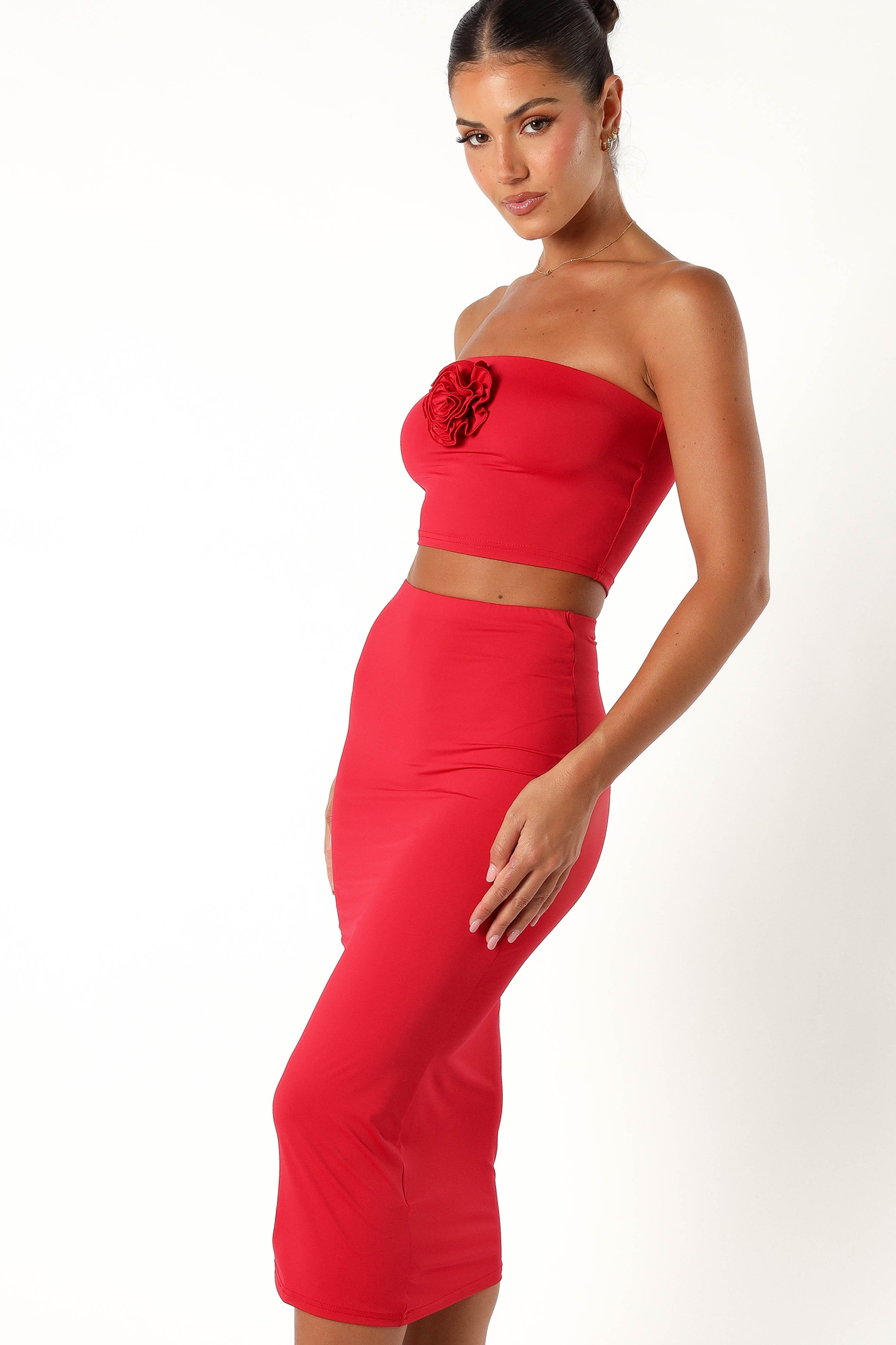 Red Strapless Two Piece Set with Detachable Flower - Tiarny Cropped Top & Midi Skirt