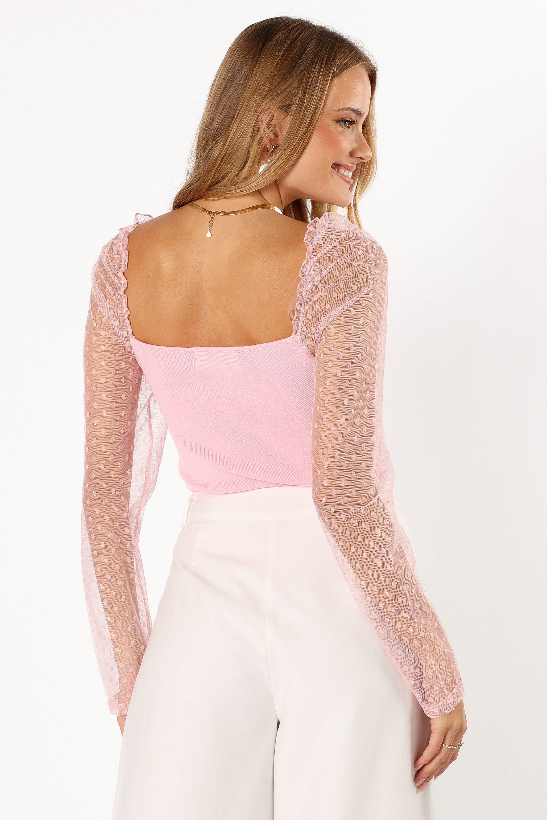 Pink Square Neck Ribbed Knit Top with Sheer Sleeves