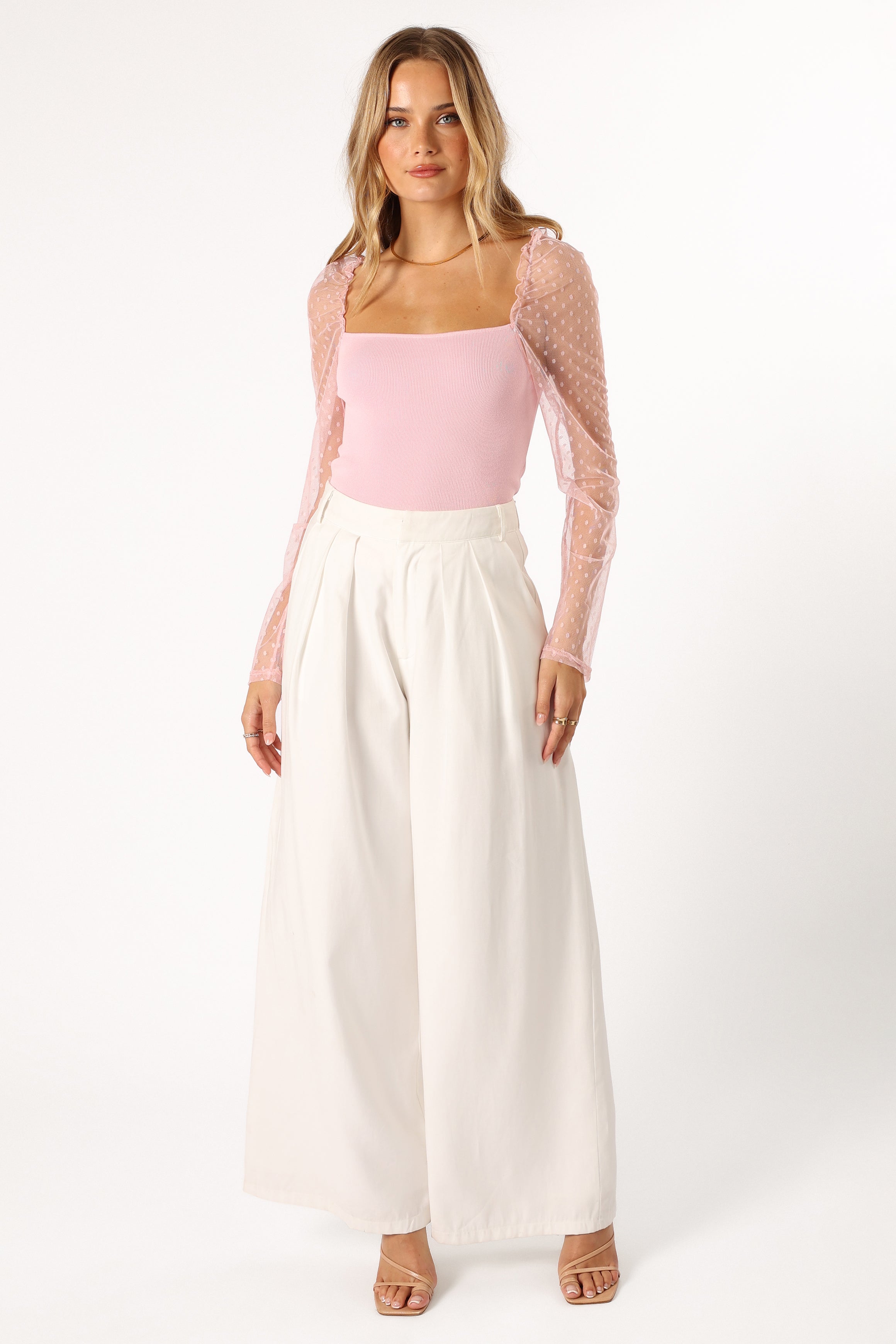 Pink Square Neck Ribbed Knit Top with Sheer Sleeves