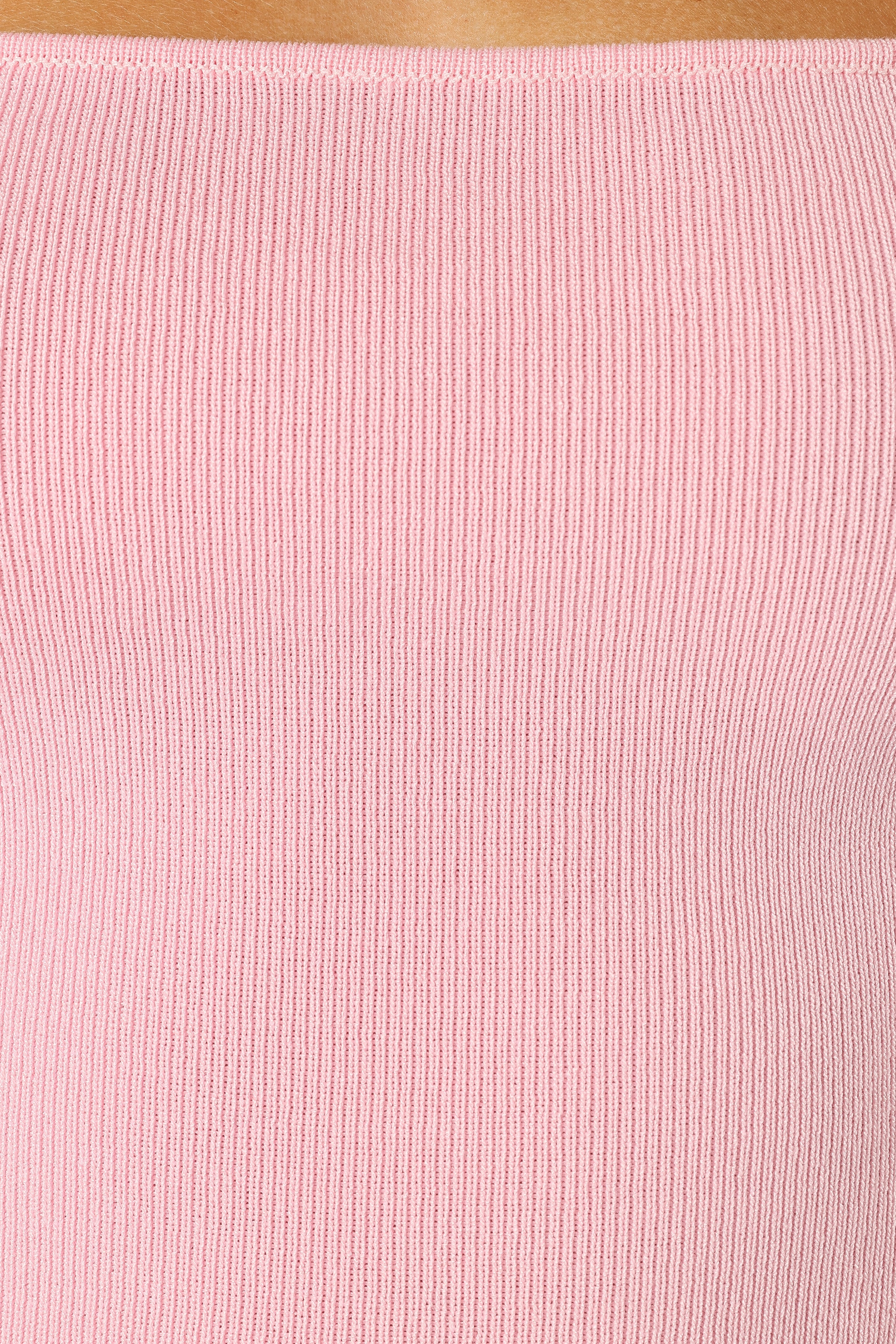 Pink Square Neck Ribbed Knit Top with Sheer Sleeves