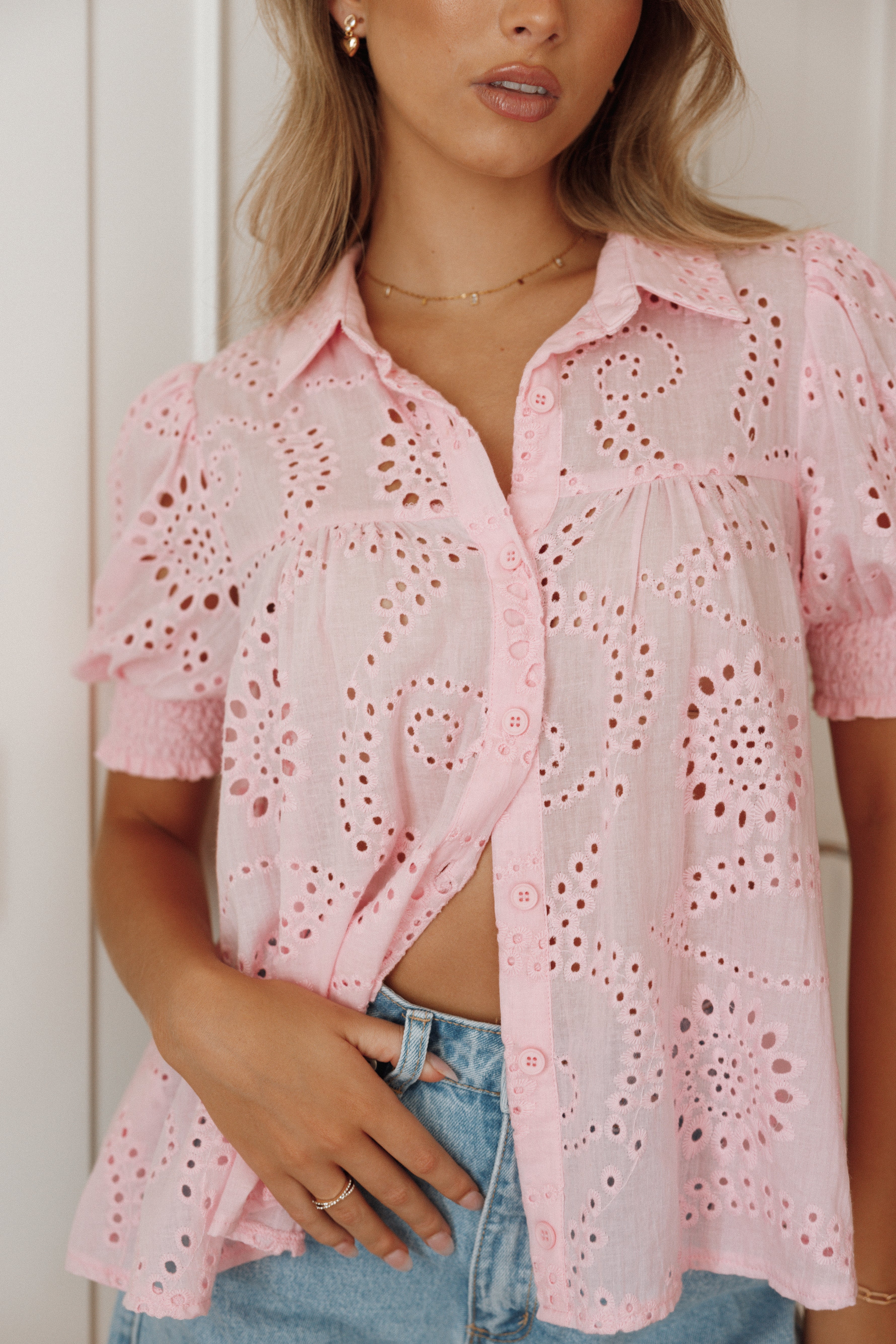 Women's Pink V-Neck Cotton Blouse with Collar & Shirred Cuffs - Janelle Top