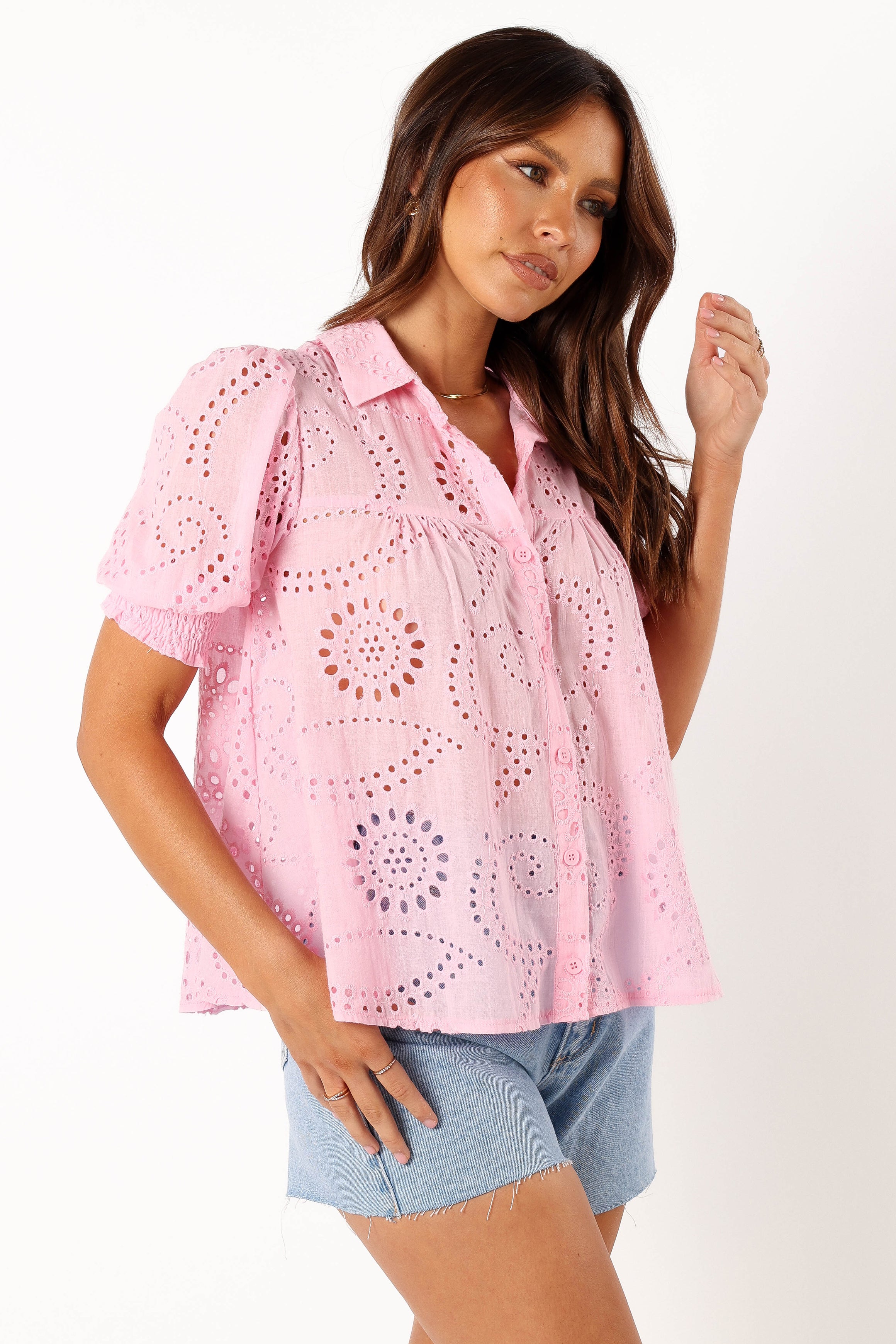 Women's Pink V-Neck Cotton Blouse with Collar & Shirred Cuffs - Janelle Top